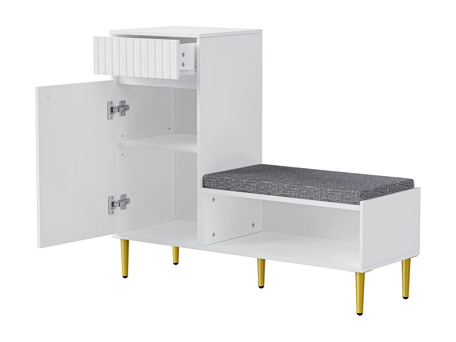 Meuble à chaussures d'entrée, meuble à chaussures blanc avec tabouret, 1 tiroir et 1 étagère ouverte