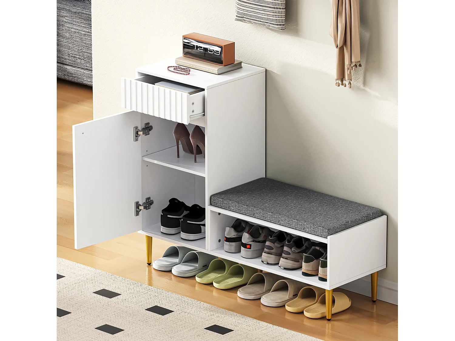 Schuhschrank für den Eingangsbereich, Weißer Schuhschrank mit Hocker, 1 Schublade und 1 offenen Regal