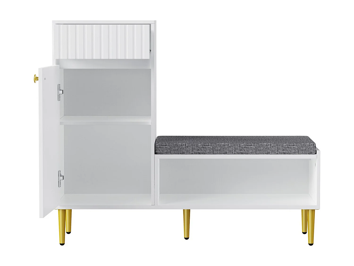 Schuhschrank für den Eingangsbereich, Weißer Schuhschrank mit Hocker, 1 Schublade und 1 offenen Regal