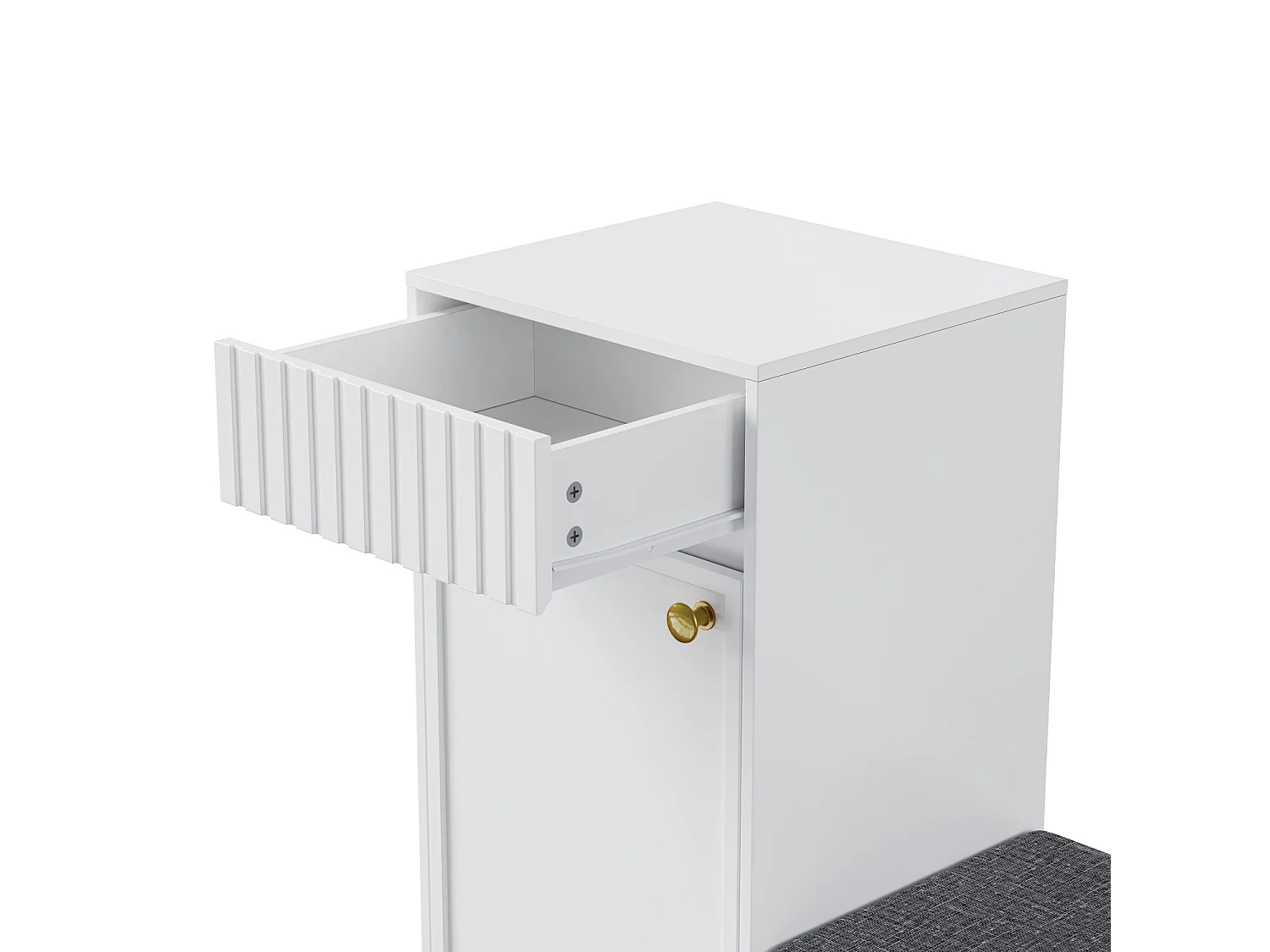 Schuhschrank für den Eingangsbereich, Weißer Schuhschrank mit Hocker, 1 Schublade und 1 offenen Regal