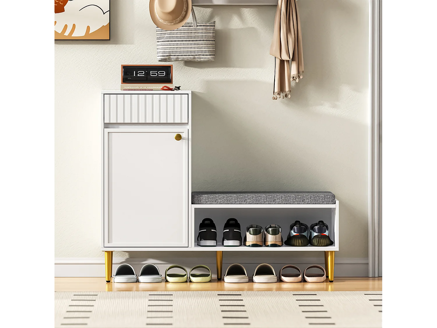 Meuble à chaussures d'entrée, meuble à chaussures blanc avec tabouret, 1 tiroir et 1 étagère ouverte