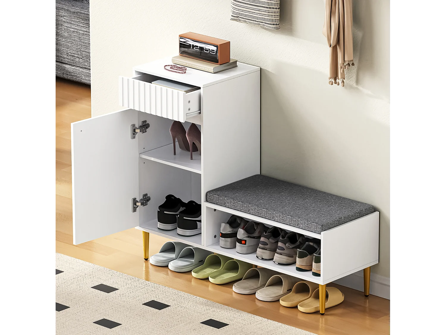 Meuble à chaussures d'entrée, meuble à chaussures blanc avec tabouret, 1 tiroir et 1 étagère ouverte