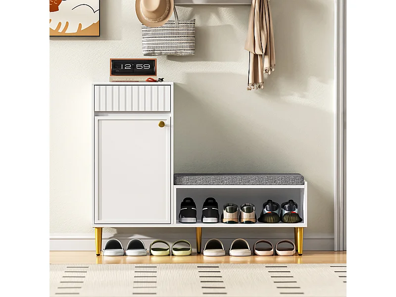 Scarpiera da ingresso, scarpiera bianca con sgabello, 1 cassetto e 1 ripiano aperto