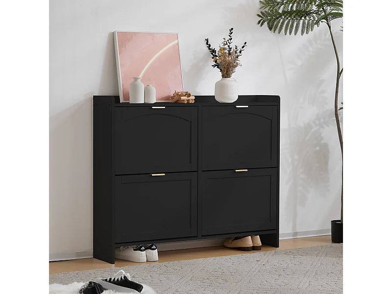 Meuble à chaussures noir avec 4 portes et étagères ouvertes - pour entrées et couloirs