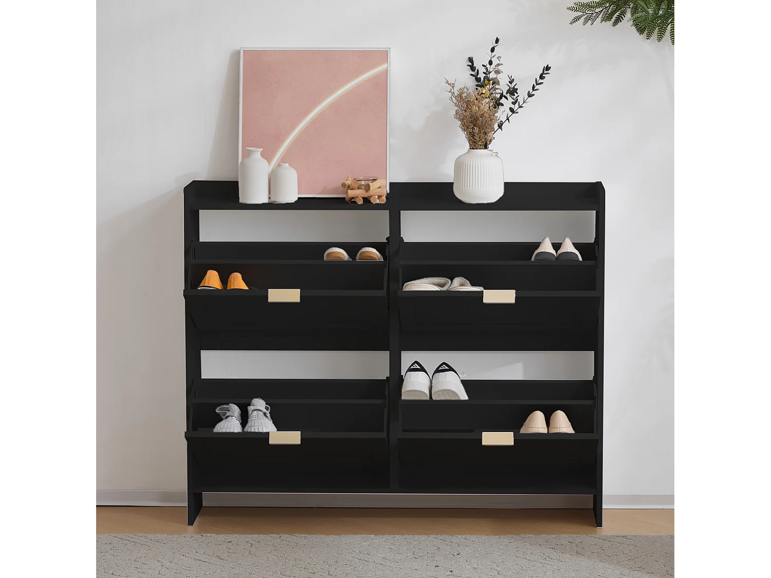 Meuble à chaussures noir avec 4 portes et étagères ouvertes - pour entrées et couloirs