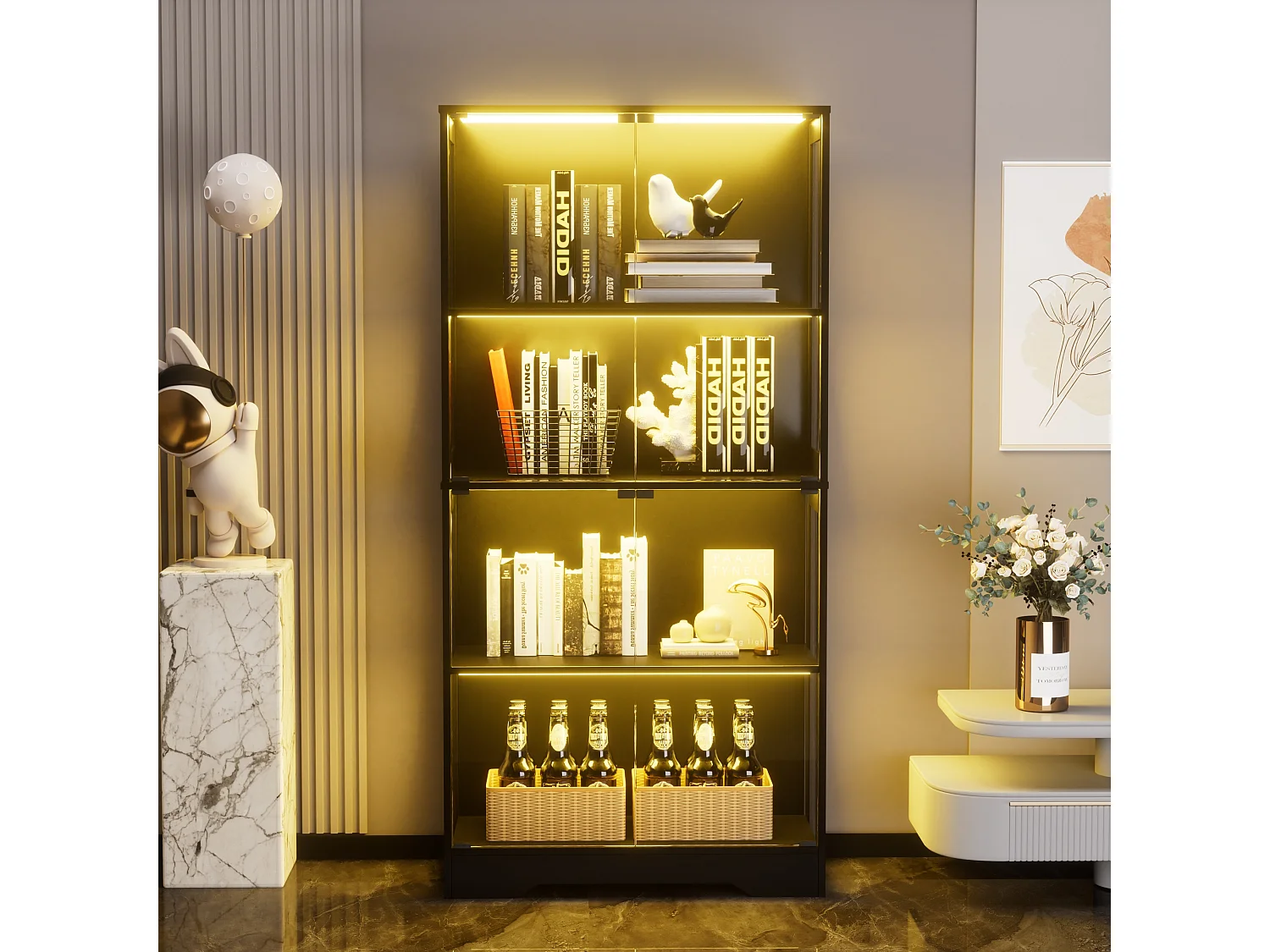 Zwarte vitrinekast met slimme ledverlichting en 4 glazen deuren - voor woonkamers en kantoren