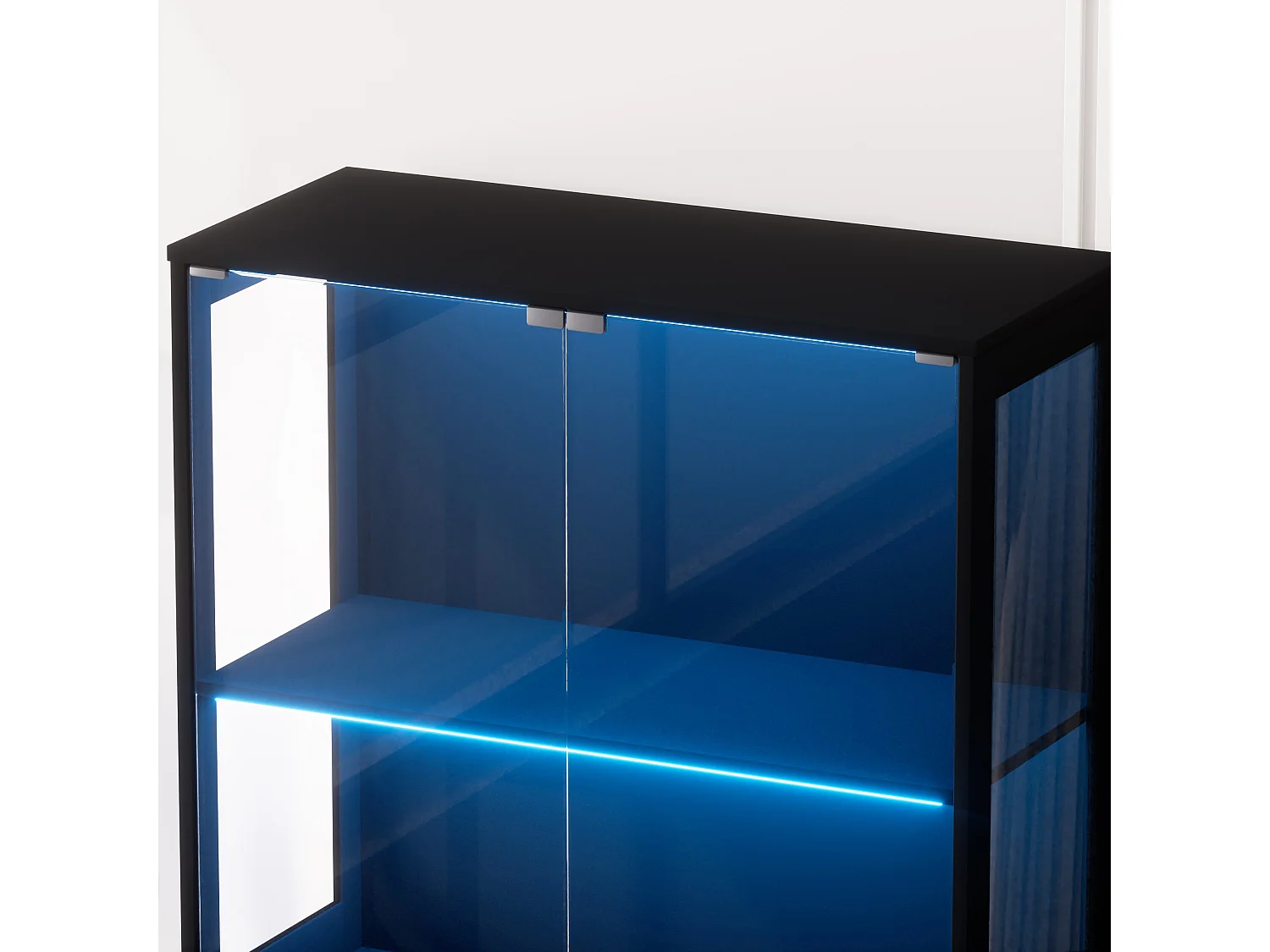 Zwarte vitrinekast met slimme ledverlichting en 4 glazen deuren - voor woonkamers en kantoren