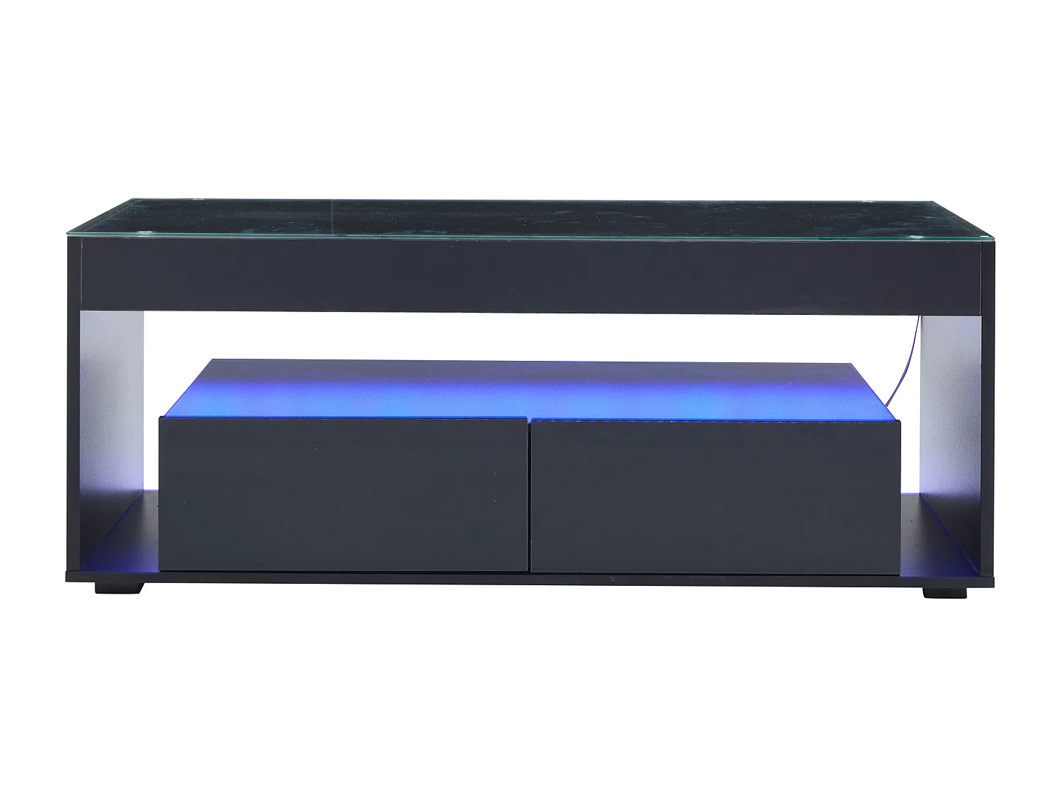 Table basse noir, table basse rectangulaire avec éclairage LED et deux tiroirs, plateau en verre