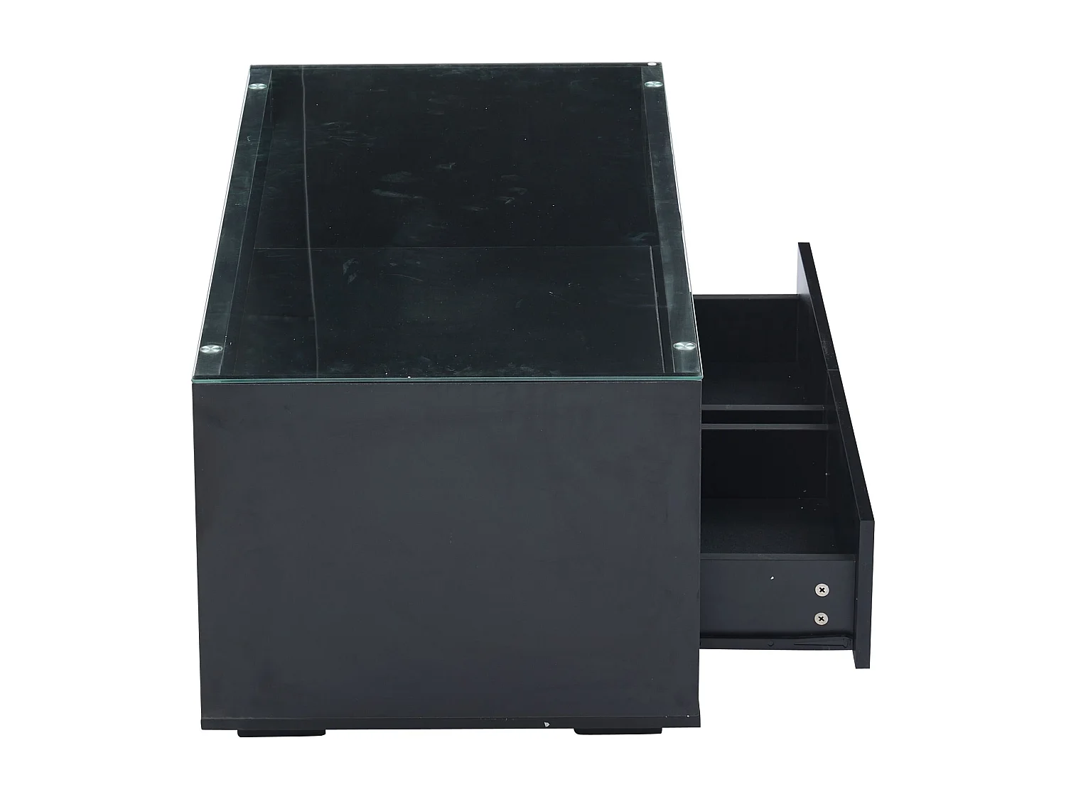 Table basse noir, table basse rectangulaire avec éclairage LED et deux tiroirs, plateau en verre