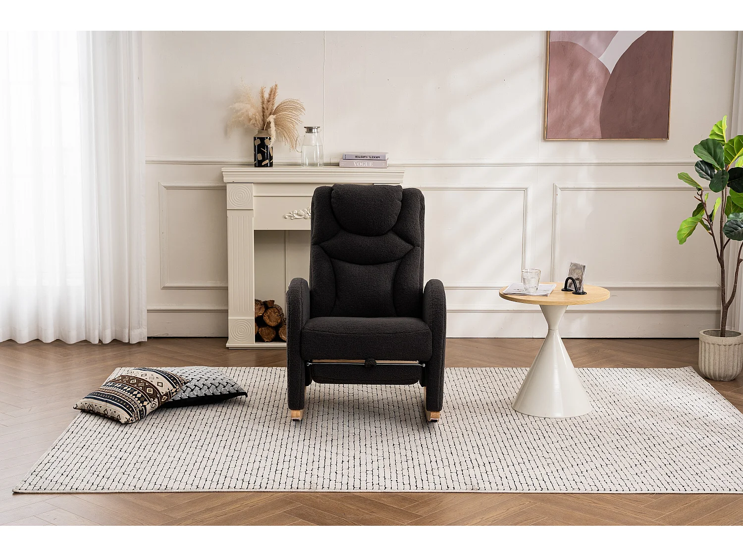 Fauteuil à bascule gris foncé avec accoudoirs, dossier et repose-pieds rétractable - polaire Teddy - pour salon et bureaux