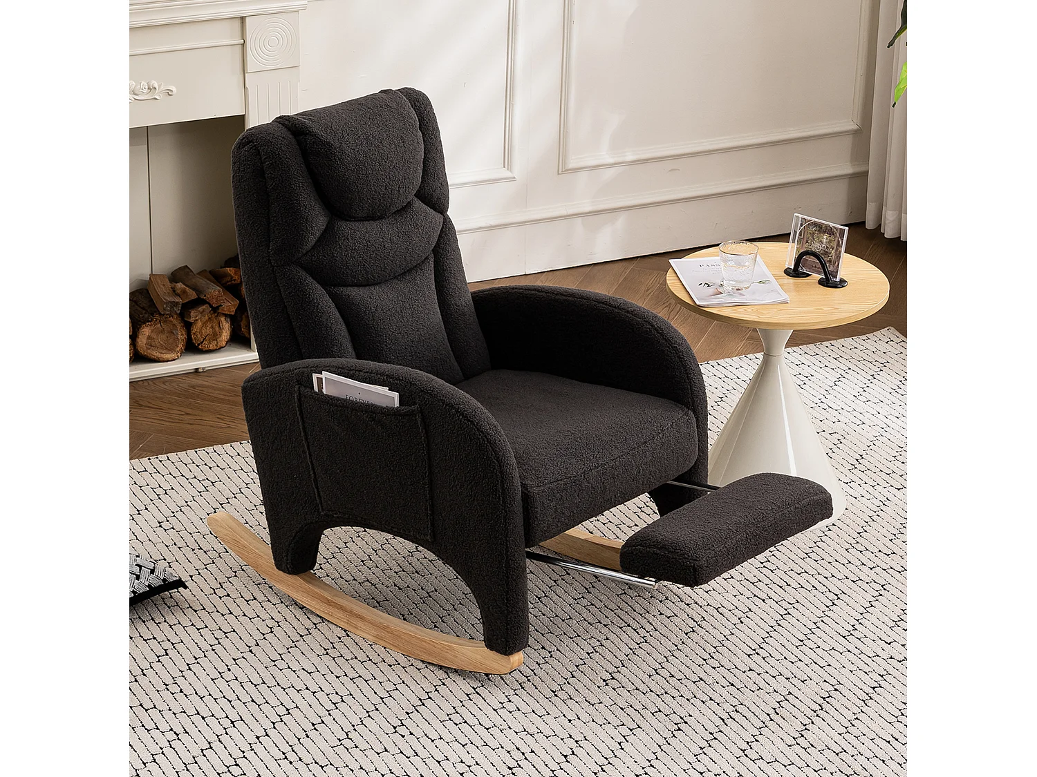 Fauteuil à bascule gris foncé avec accoudoirs, dossier et repose-pieds rétractable - polaire Teddy - pour salon et bureaux