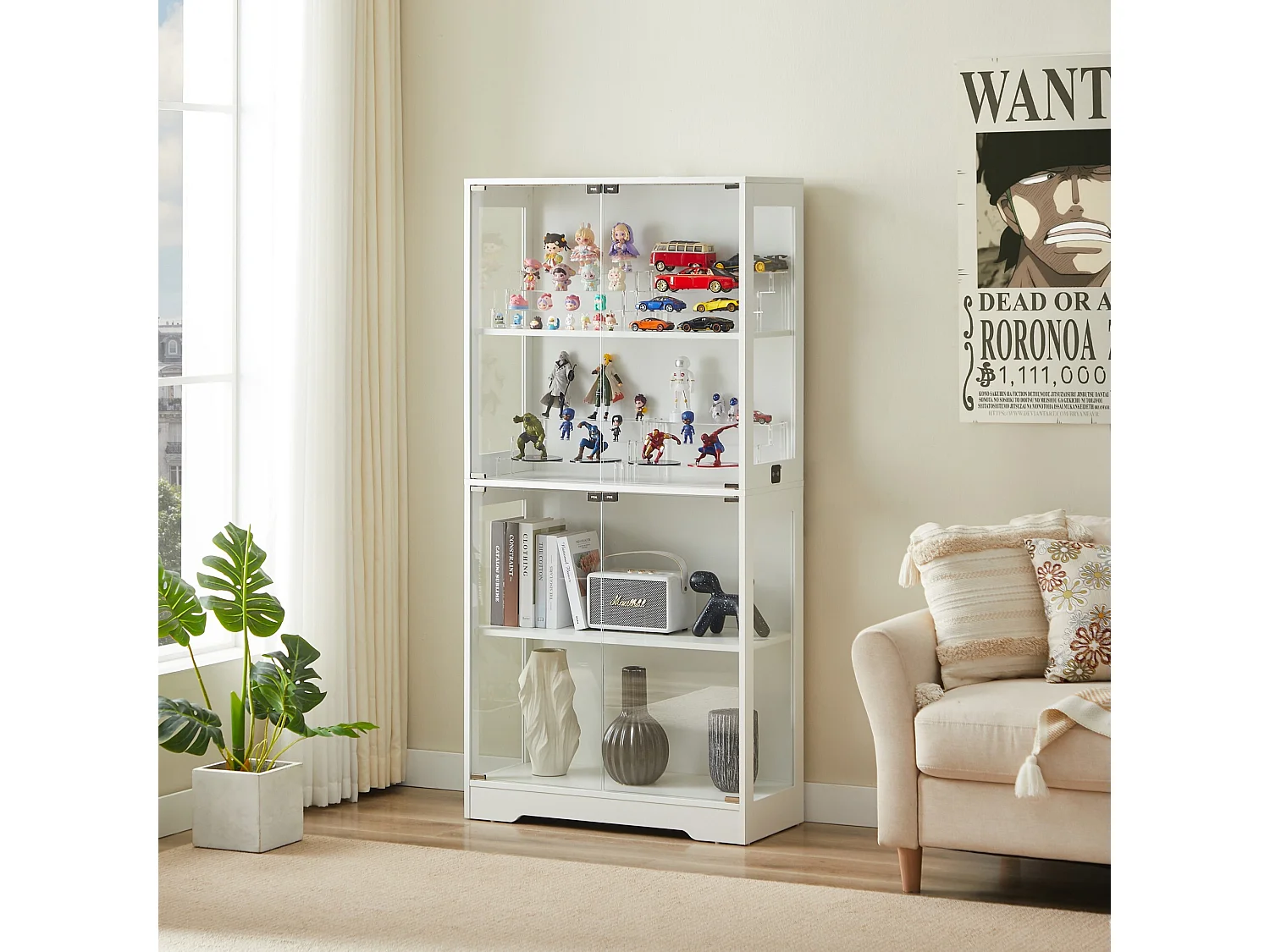 Weiße Vitrine mit intelligenter LED-Beleuchtung und 4 Glastüren – für Wohnzimmer und Büros