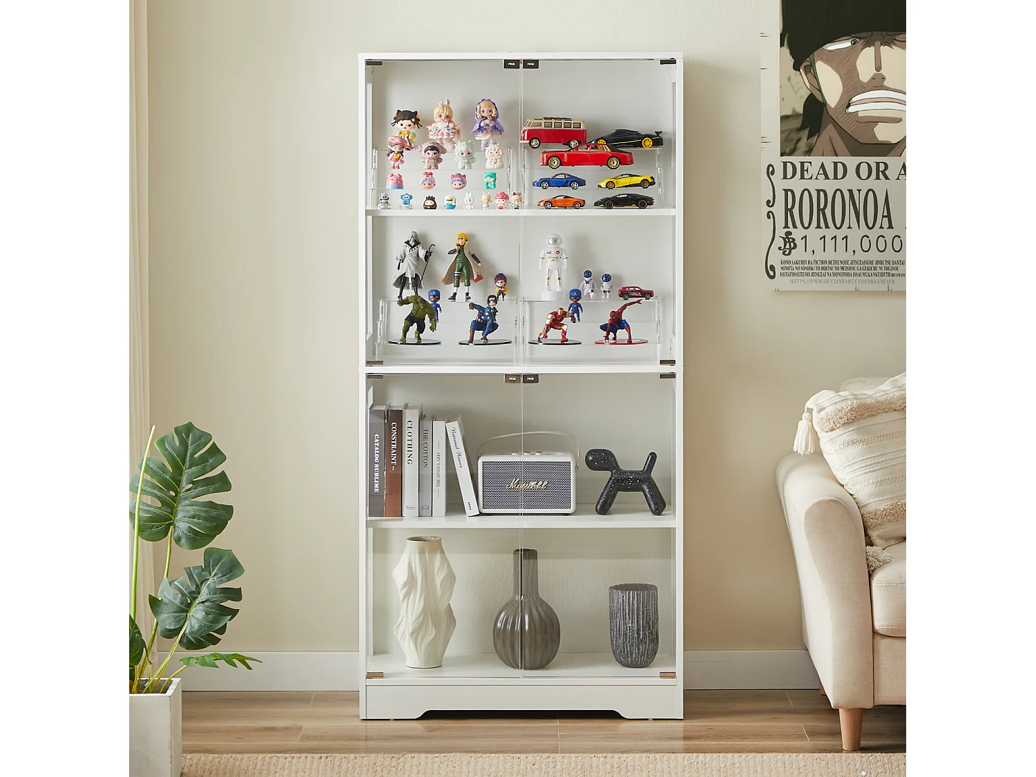 Weiße Vitrine mit intelligenter LED-Beleuchtung und 4 Glastüren – für Wohnzimmer und Büros