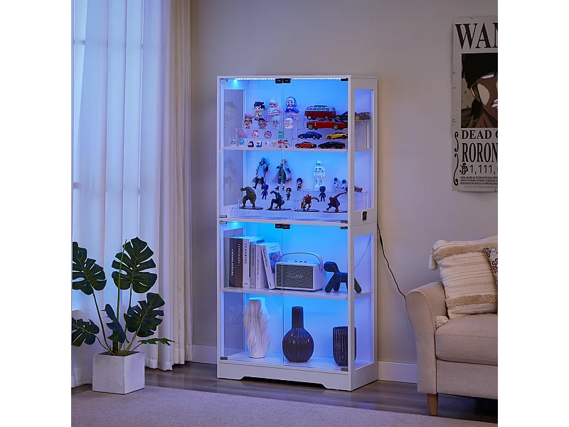 Weiße Vitrine mit intelligenter LED-Beleuchtung und 4 Glastüren – für Wohnzimmer und Büros