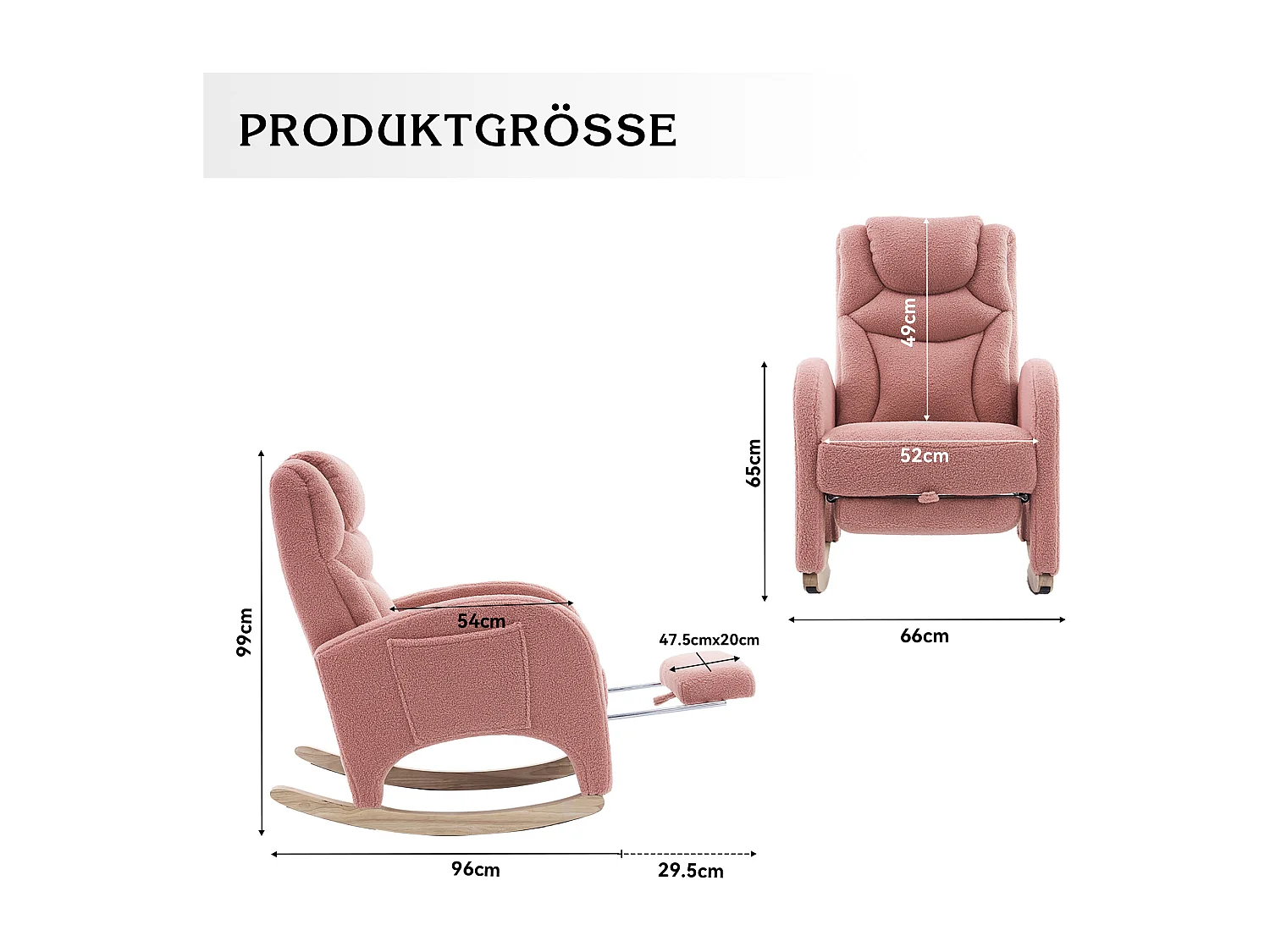 Sillón mecedor rosa con reposabrazos, respaldo y reposapiés retráctil - tela afelpada - para salas de estar y estudios