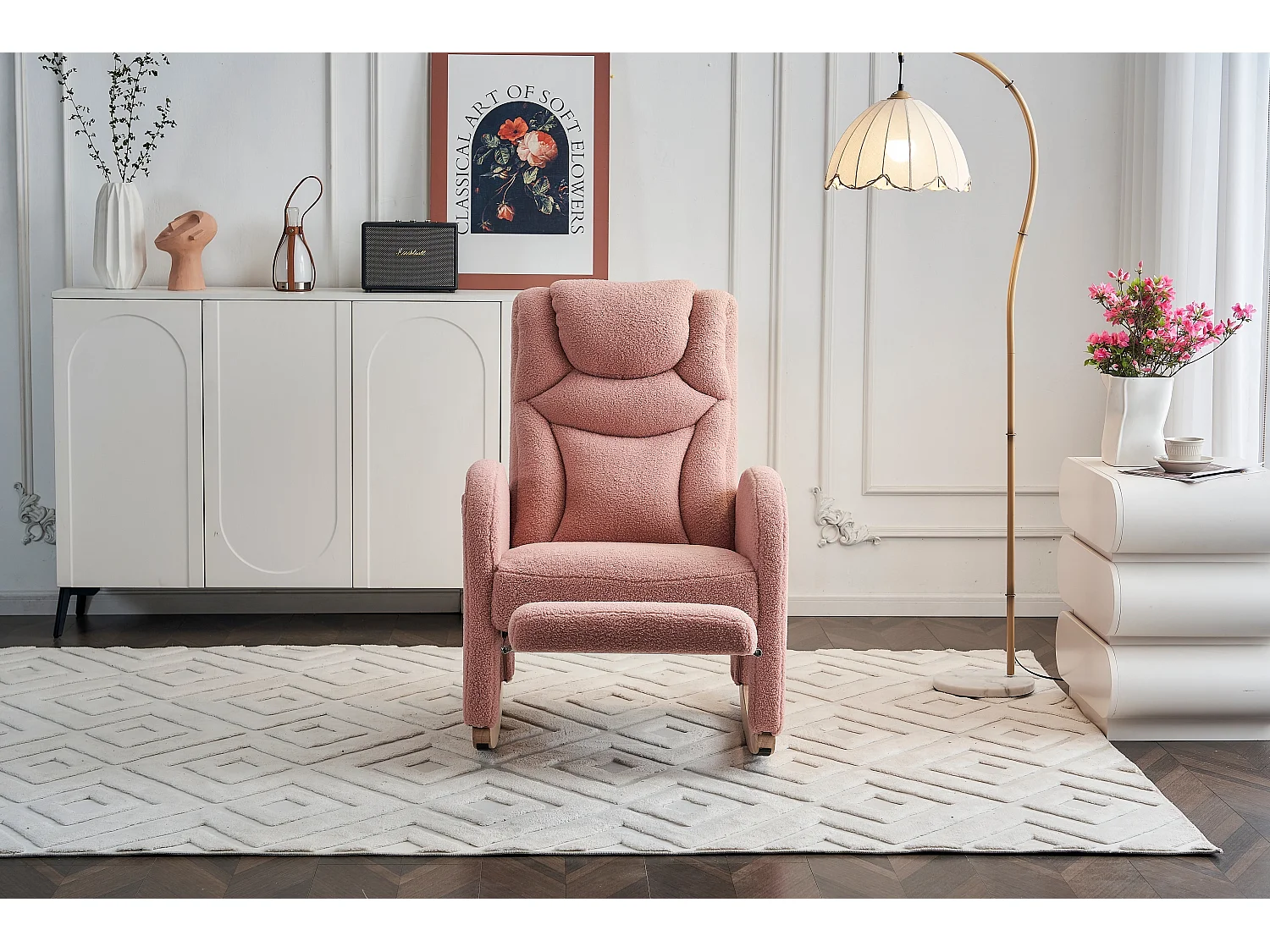 Fauteuil à bascule rose avec accoudoirs, dossier et repose-pieds rétractable - polaire Teddy - pour salon et bureaux