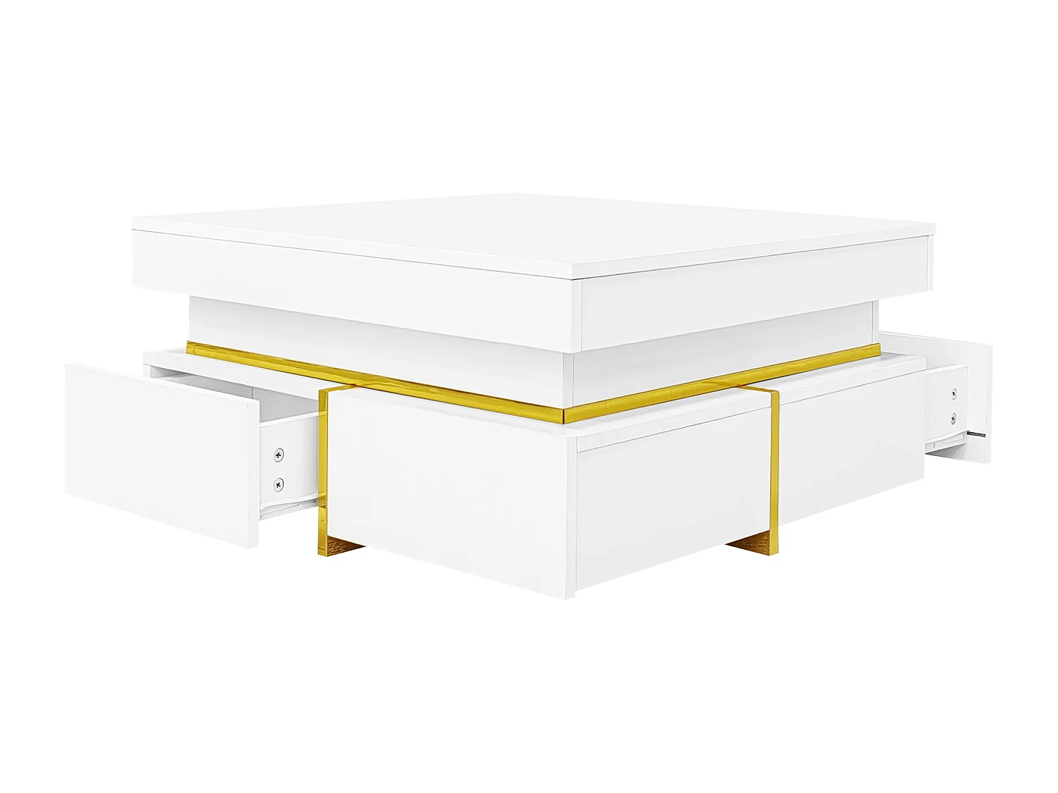 Mesa de centro cuadrada, mesa de centro blanca con 2 cajones, detalles dorados - para sala de estar y oficina