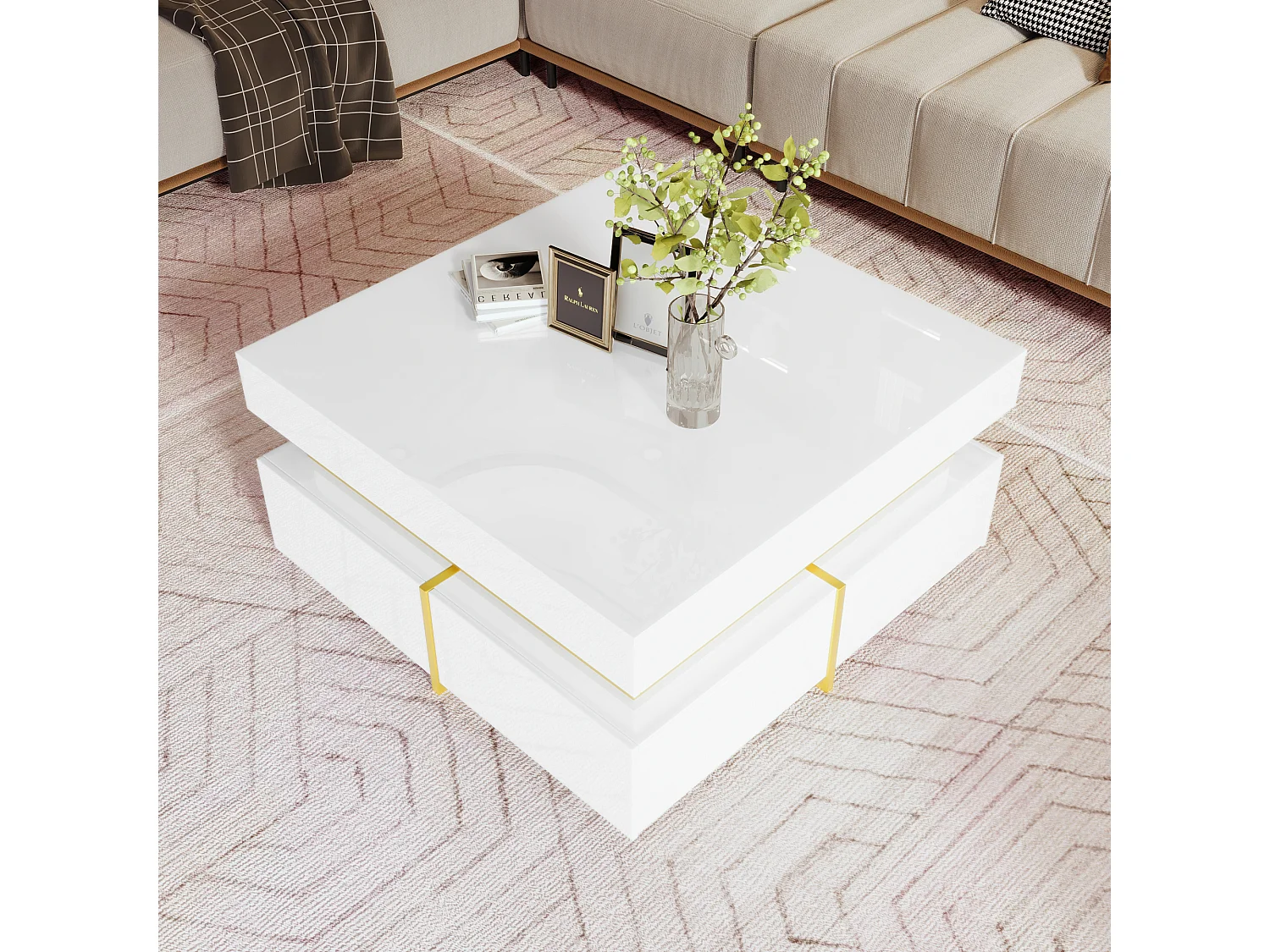 Table basse carrée, table basse blanche avec 2 tiroirs de rangement, détails dorés - pour salon et bureaux