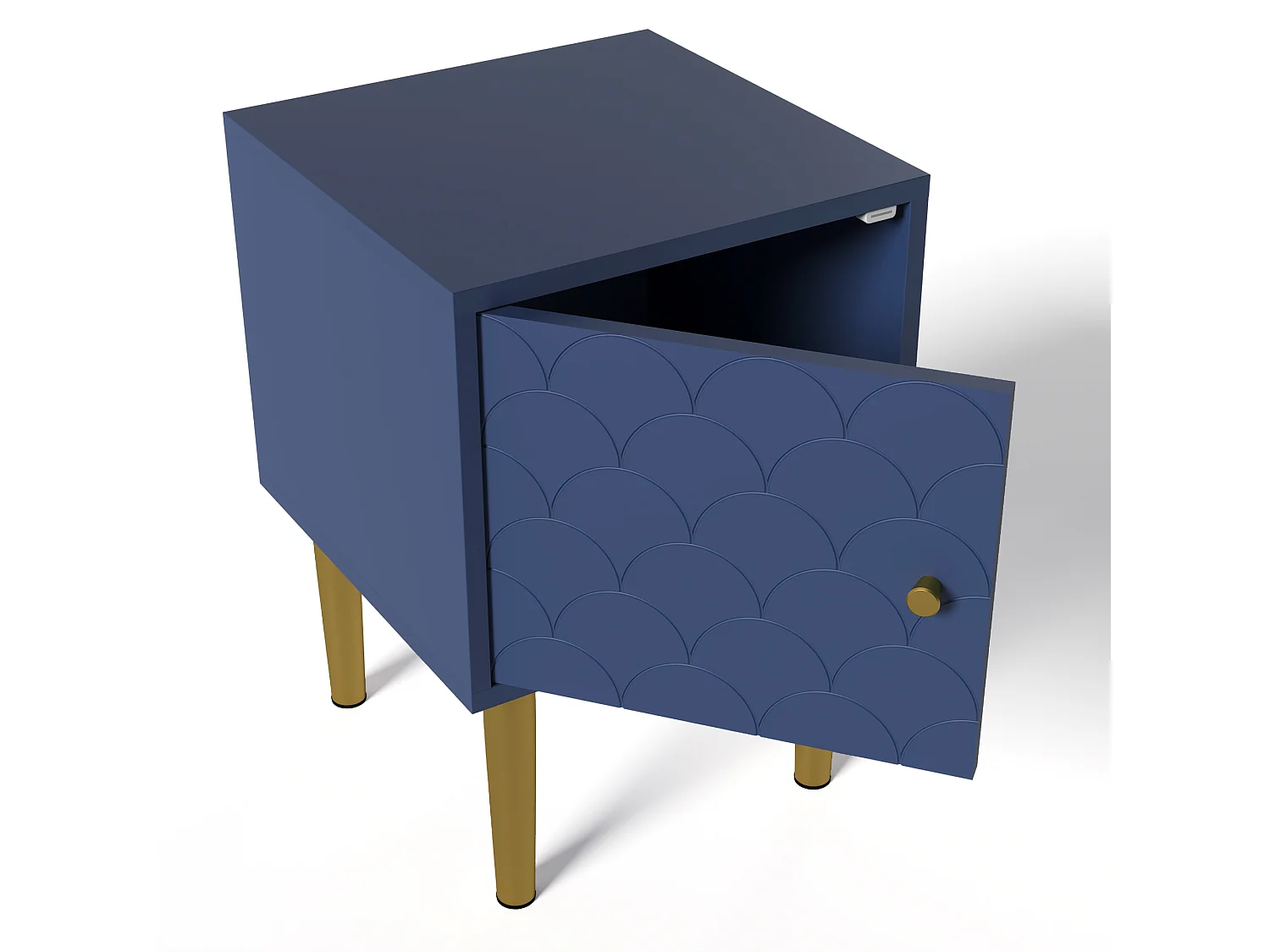 Table de chevet 1 porte texturée, poignées et pieds dorés - Bleu marine - pour chambre et salon