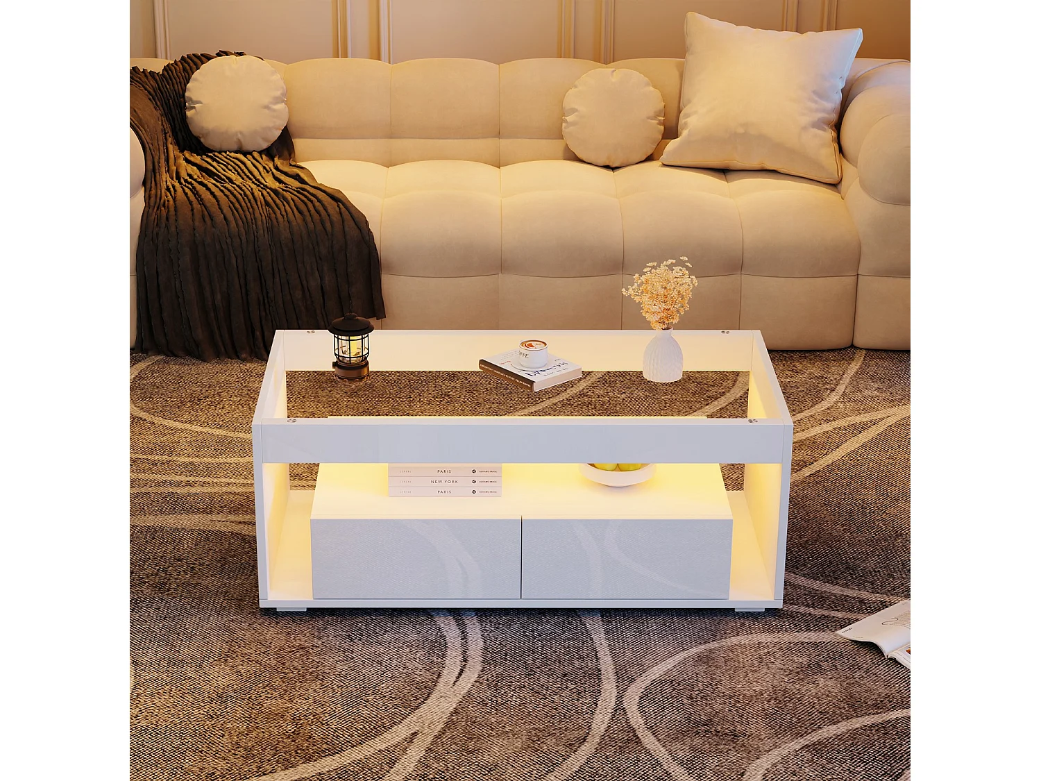Weißer Couchtisch, rechteckiger Couchtisch mit LED-Beleuchtung und zwei Schubladen, Glasplatte