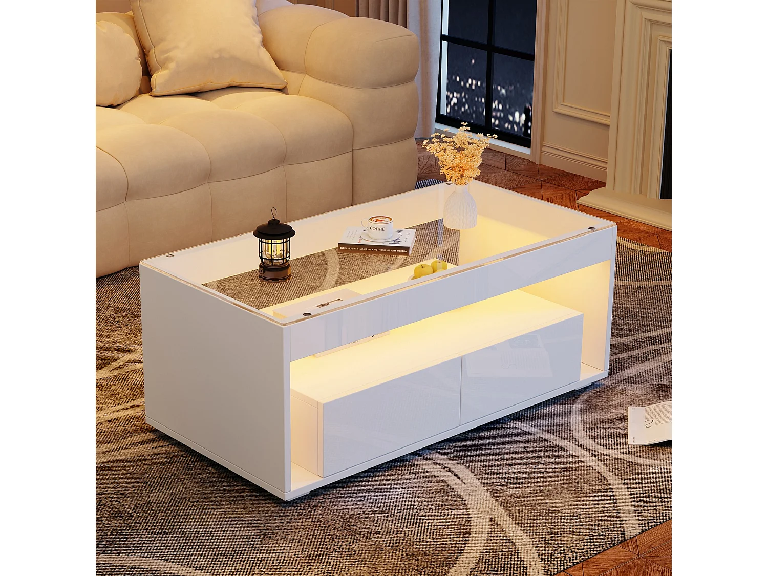 Weißer Couchtisch, rechteckiger Couchtisch mit LED-Beleuchtung und zwei Schubladen, Glasplatte