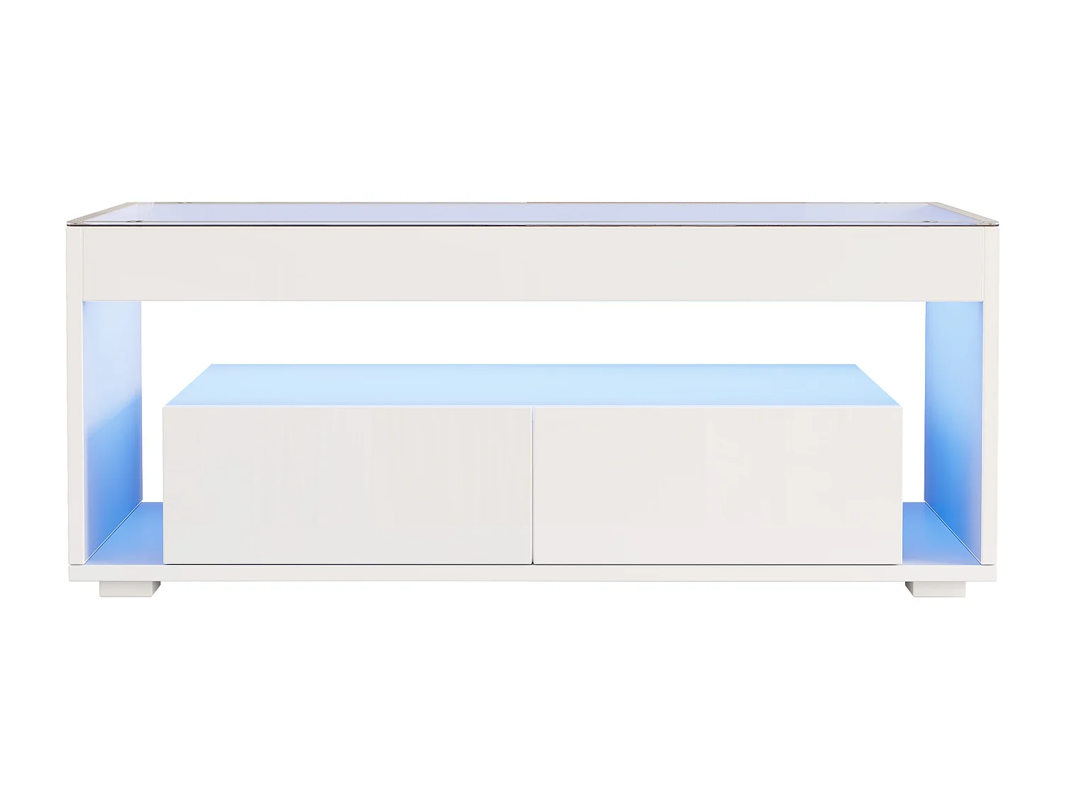 Weißer Couchtisch, rechteckiger Couchtisch mit LED-Beleuchtung und zwei Schubladen, Glasplatte