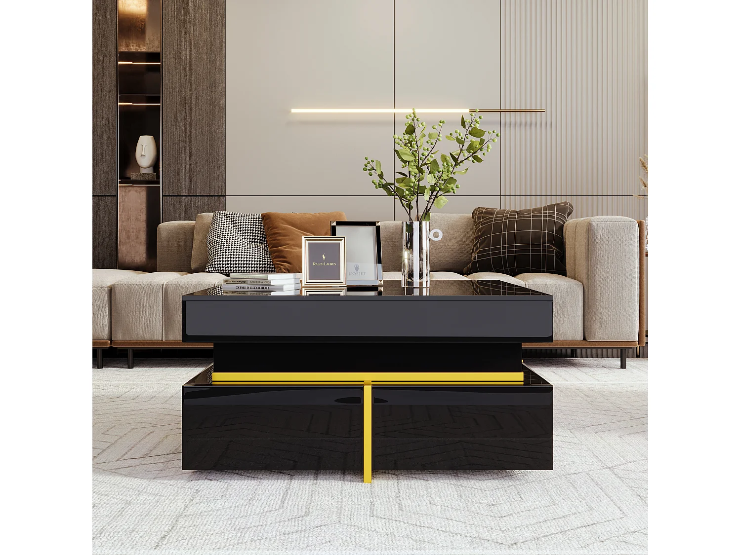 Table basse carrée, table basse noire avec 2 tiroirs de rangement, détails dorés - pour salon et bureaux