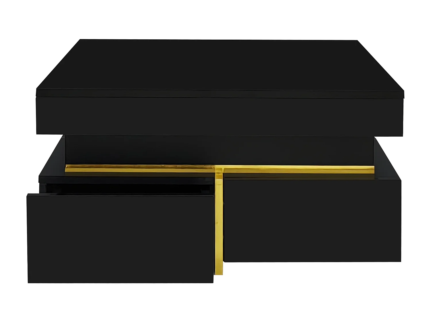 Quadratischer Couchtisch, schwarzer Couchtisch mit 2 Schubladen, goldene Details – für Wohnzimmer und Büro