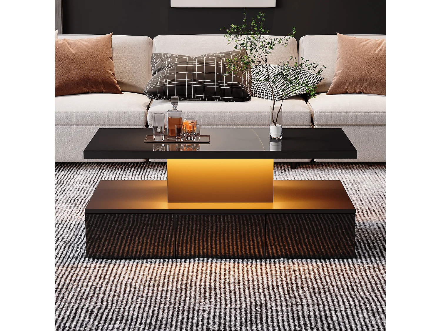 Table basse noire, table basse brillante avec espace de rangement ouvert et 1 tiroir, éclairage LED