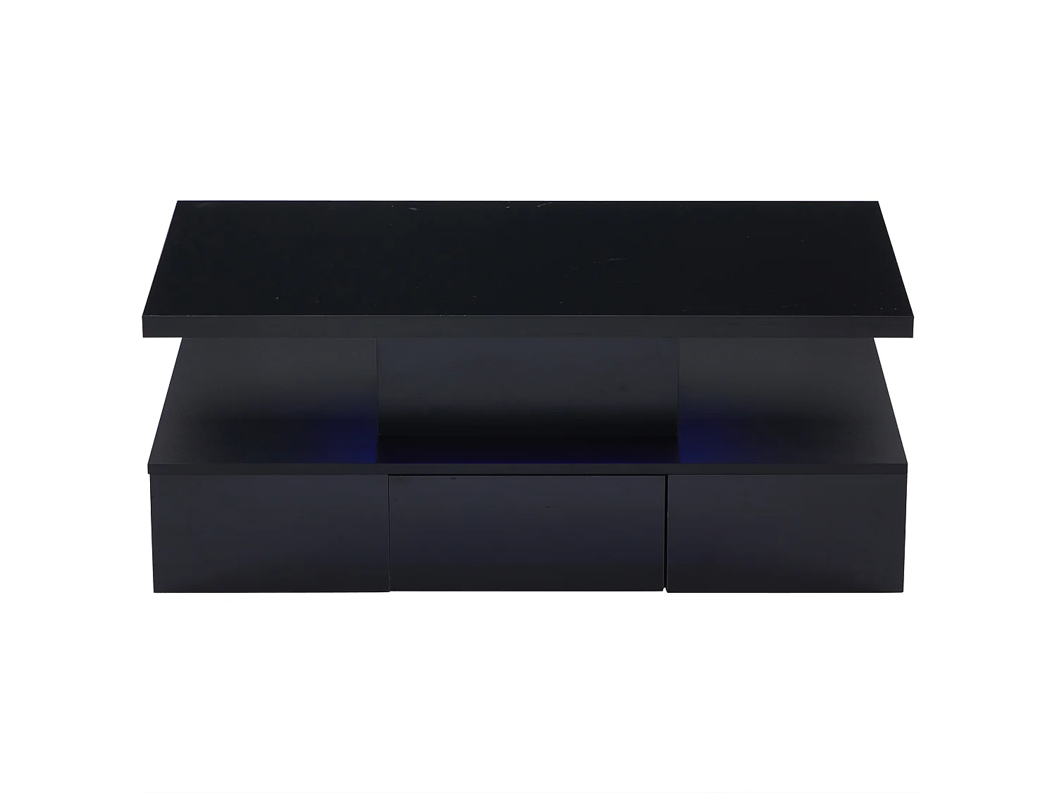 Table basse noire, table basse brillante avec espace de rangement ouvert et 1 tiroir, éclairage LED