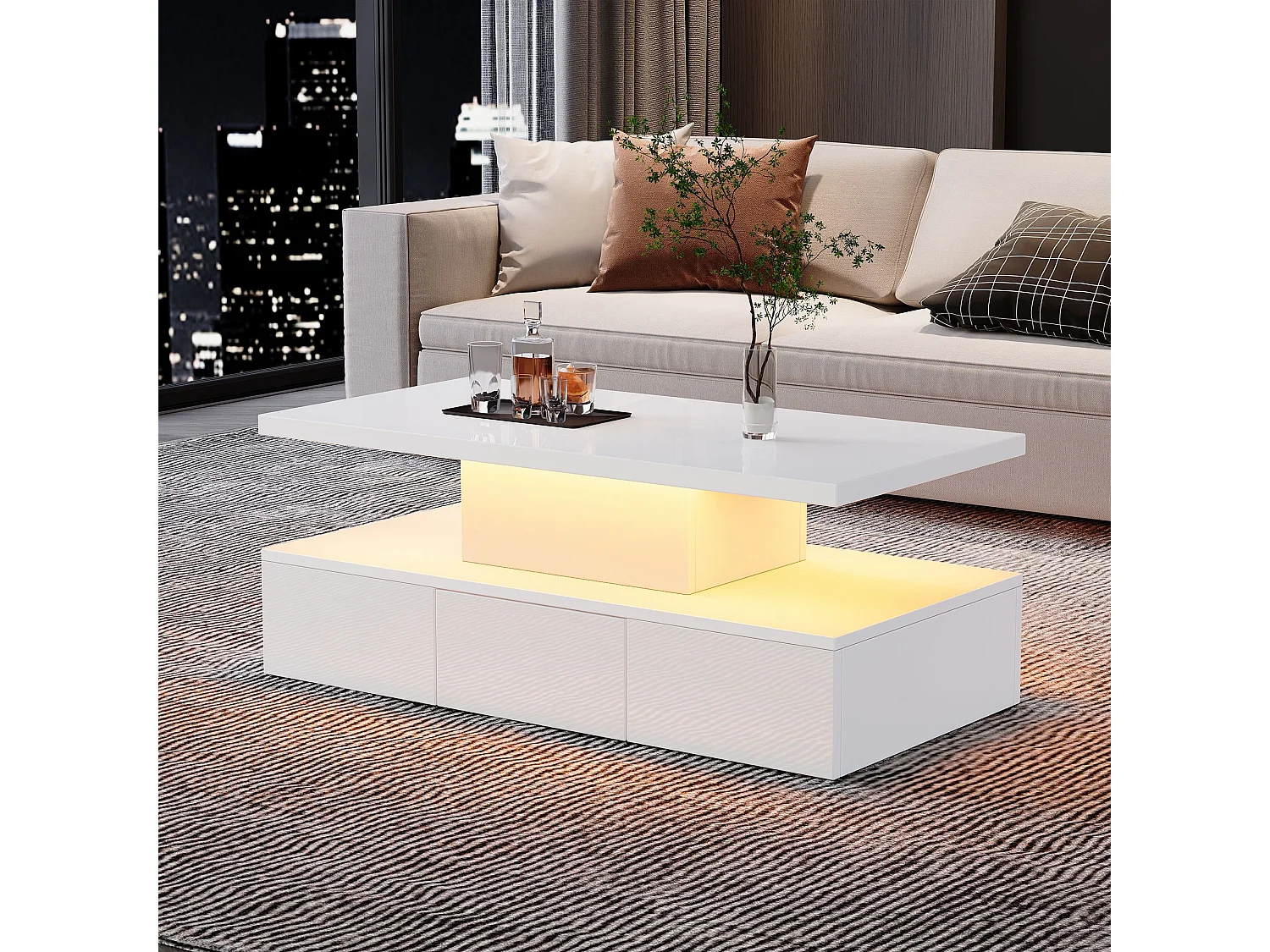 Table basse blanche, table basse brillante avec espace de rangement ouvert et 1 tiroir, éclairage LED