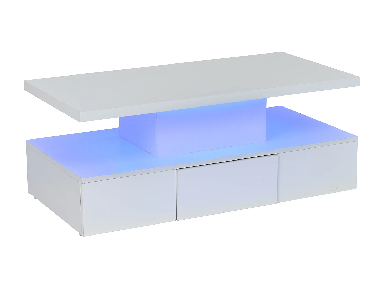 Table basse blanche, table basse brillante avec espace de rangement ouvert et 1 tiroir, éclairage LED