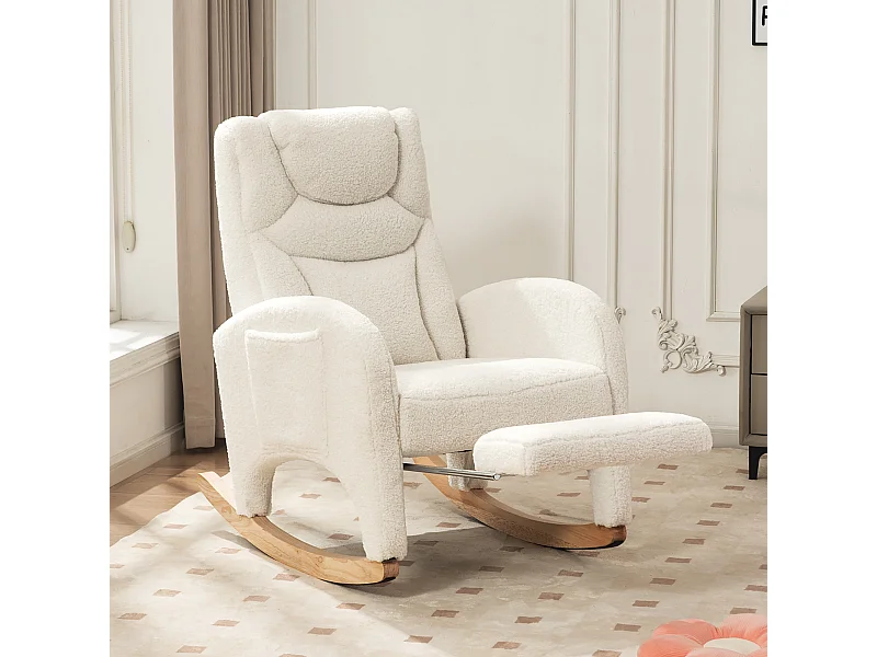 Witte schommelstoel met armleuningen, rugleuning en uitschuifbare voetensteun - Teddyfleece - voor woonkamer en kantoor
