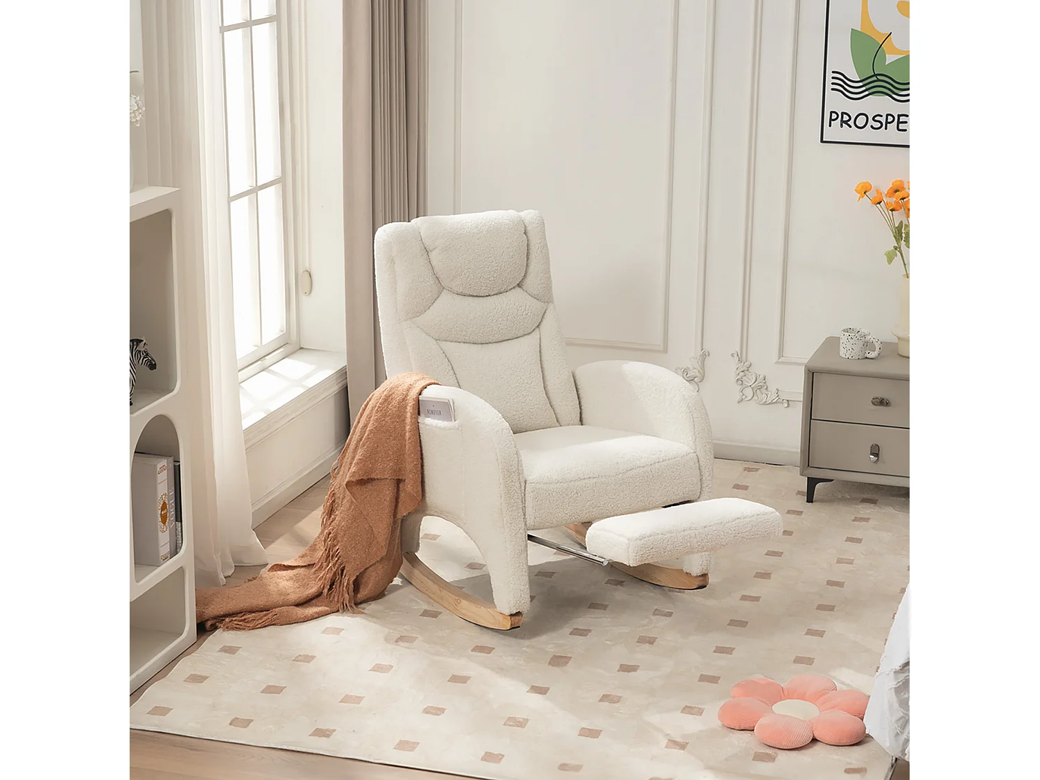 Fauteuil à bascule blanc avec accoudoirs, dossier et repose-pieds rétractable - polaire Teddy - pour salon et bureaux