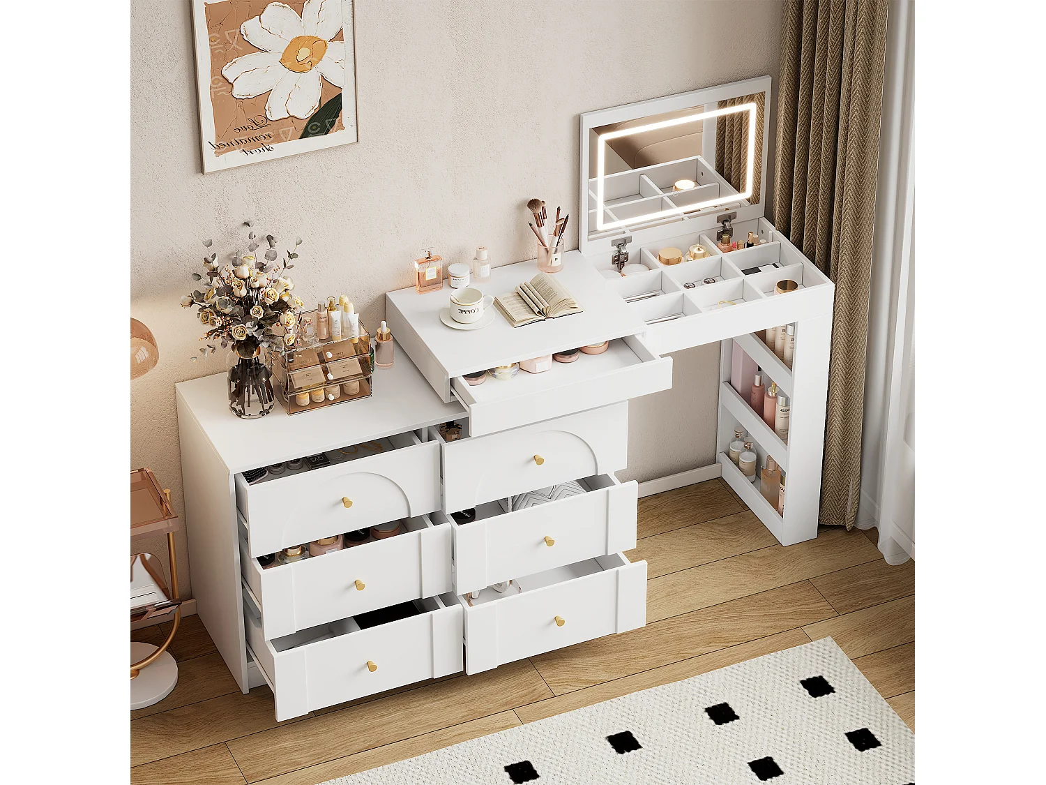 Witte kaptafel met LED-make-upspiegel, 7 lades en open zijplanken - voor de slaapkamer