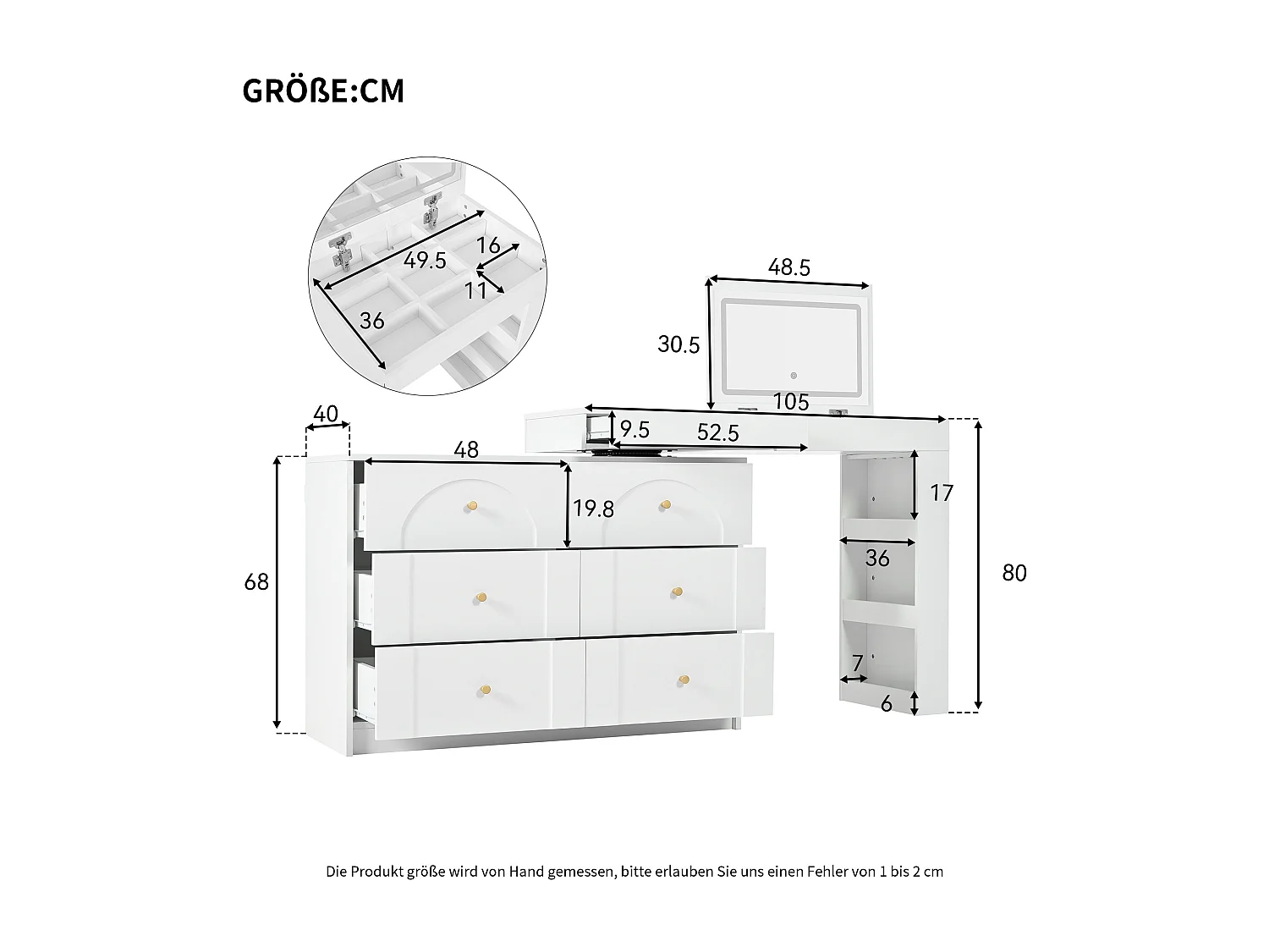 Witte kaptafel met LED-make-upspiegel, 7 lades en open zijplanken - voor de slaapkamer