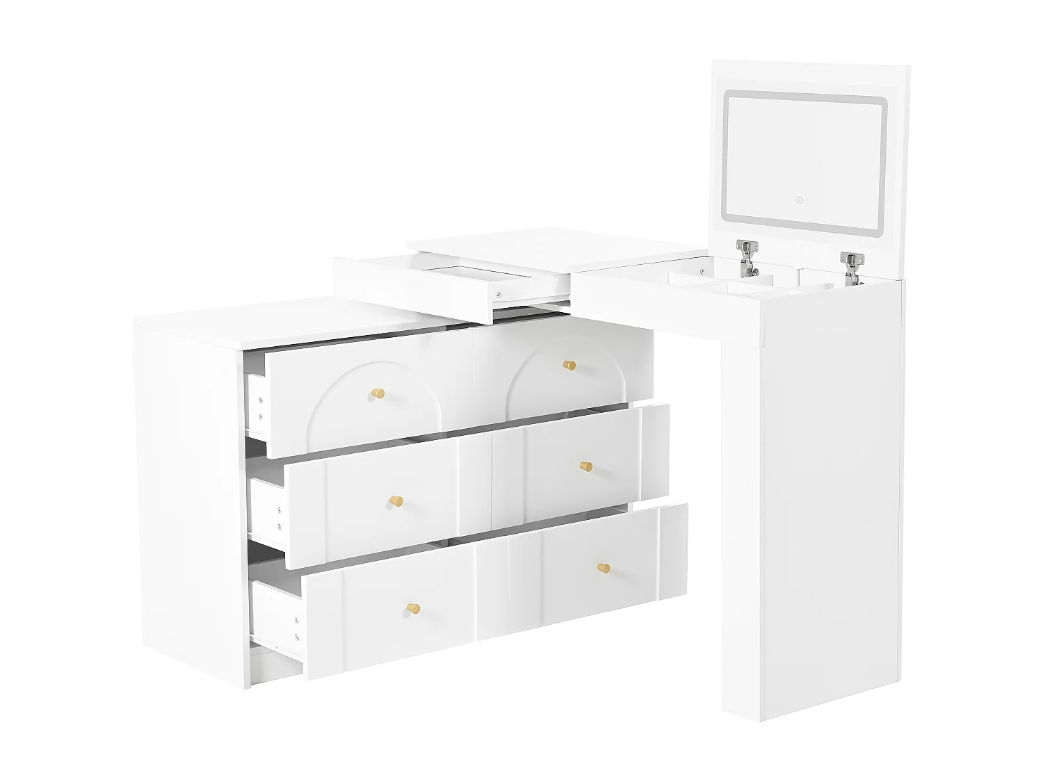 Witte kaptafel met LED-make-upspiegel, 7 lades en open zijplanken - voor de slaapkamer