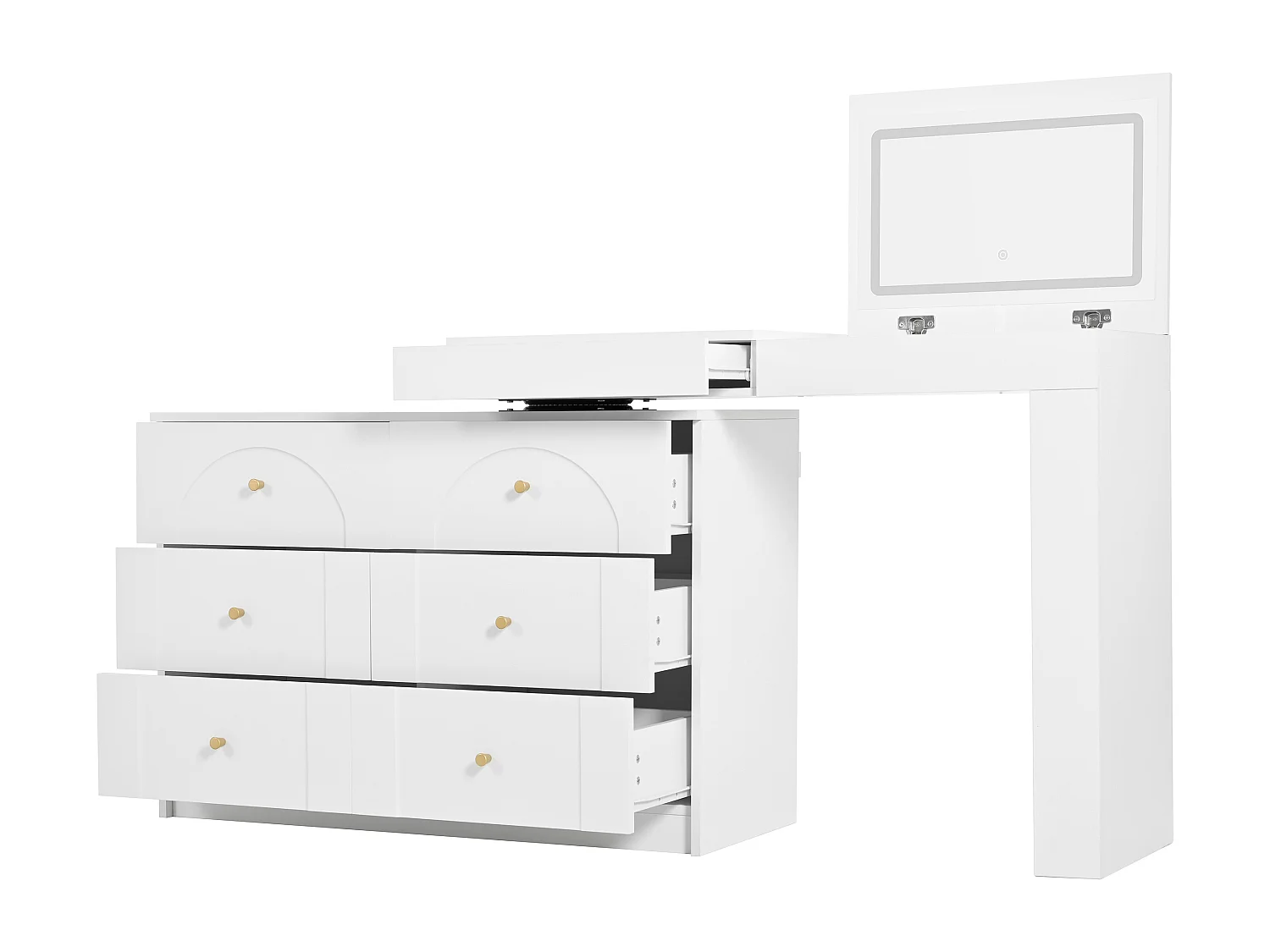 Witte kaptafel met LED-make-upspiegel, 7 lades en open zijplanken - voor de slaapkamer