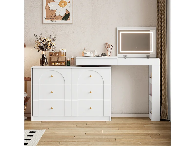 Witte kaptafel met LED-make-upspiegel, 7 lades en open zijplanken - voor de slaapkamer