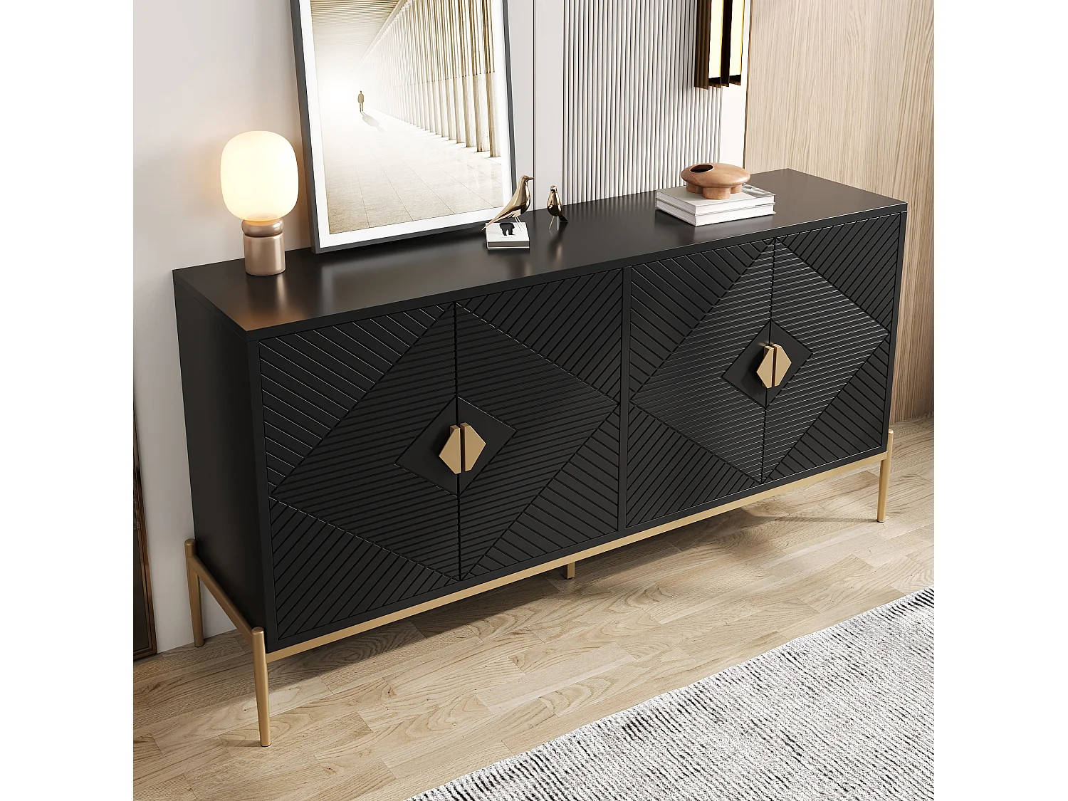 Buffet noir, Buffet moderne avec 4 portes texturées, poignées et pieds dorés - pour salon et salles à manger