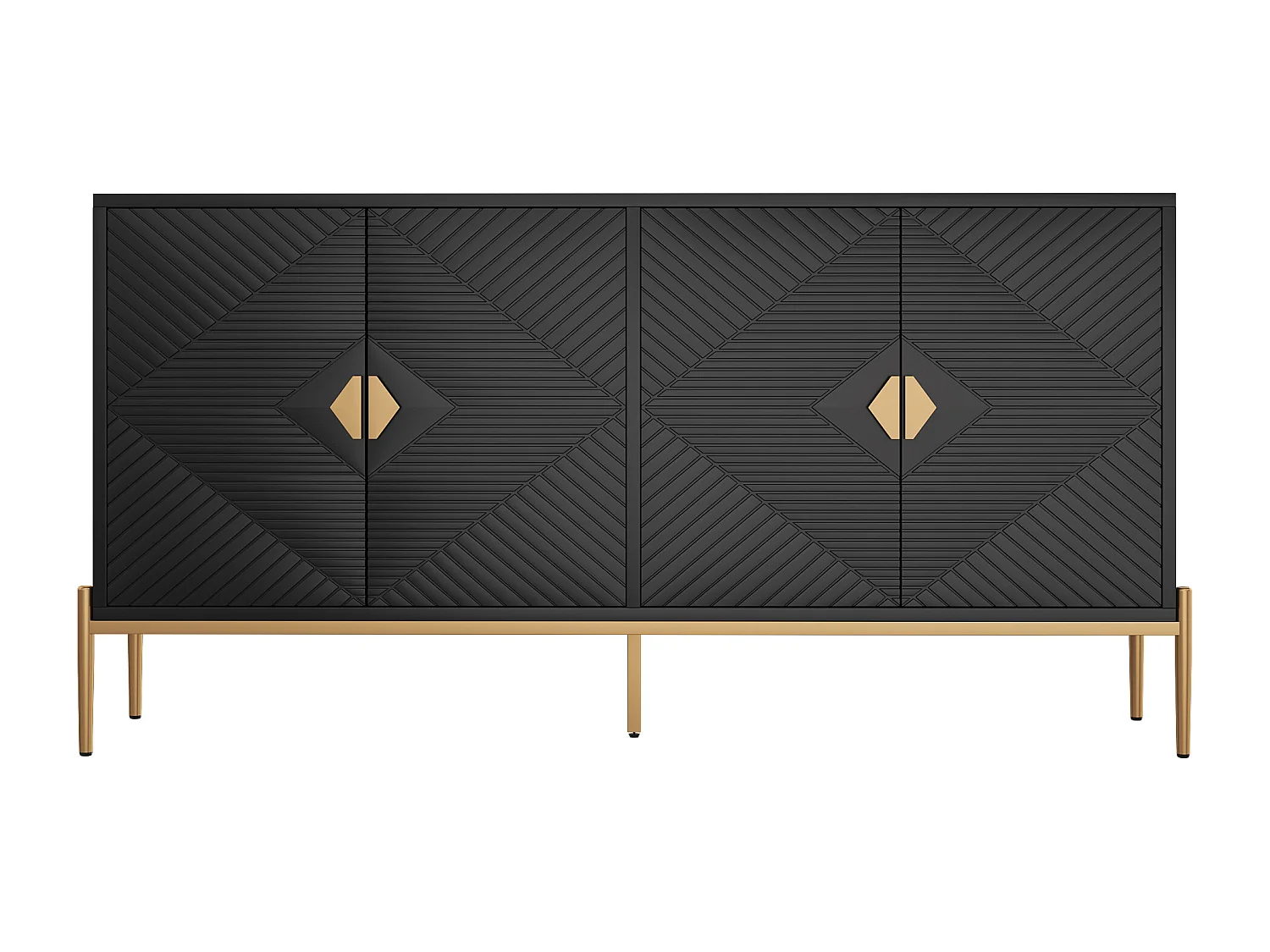 Buffet noir, Buffet moderne avec 4 portes texturées, poignées et pieds dorés - pour salon et salles à manger