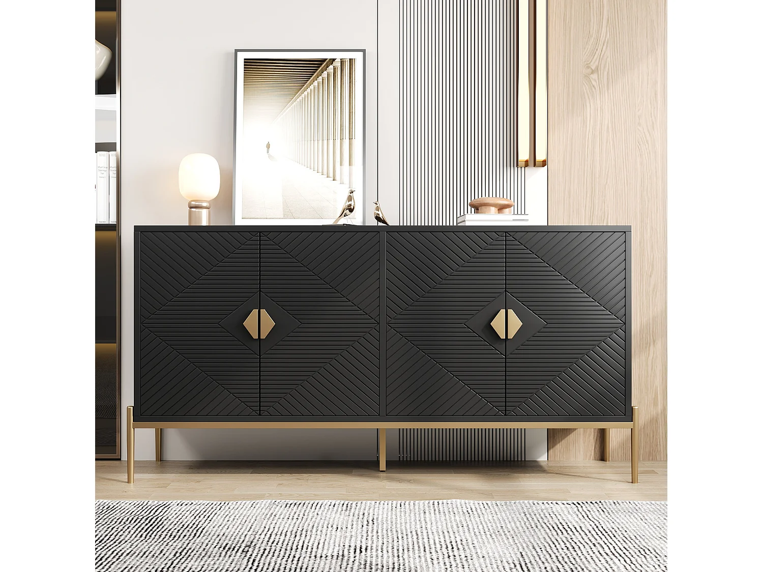 Schwarzes Sideboard, modernes Sideboard mit 4 strukturierten Türen und goldenen Beinen – für Wohn- und Esszimmer