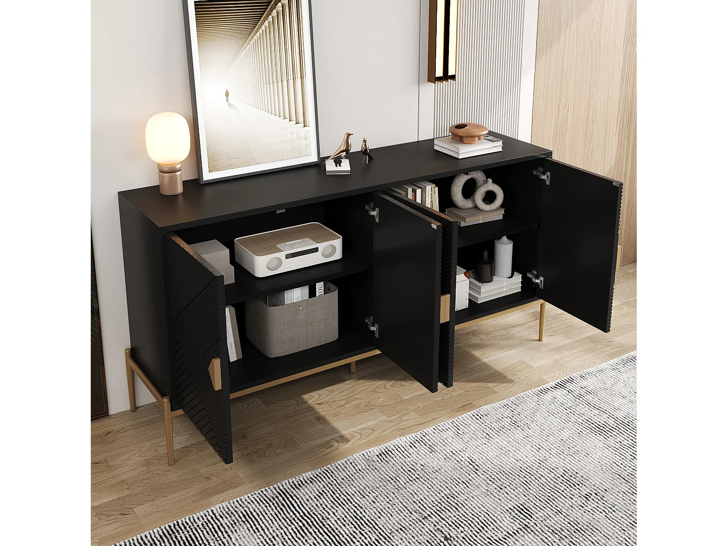 Schwarzes Sideboard, modernes Sideboard mit 4 strukturierten Türen und goldenen Beinen – für Wohn- und Esszimmer