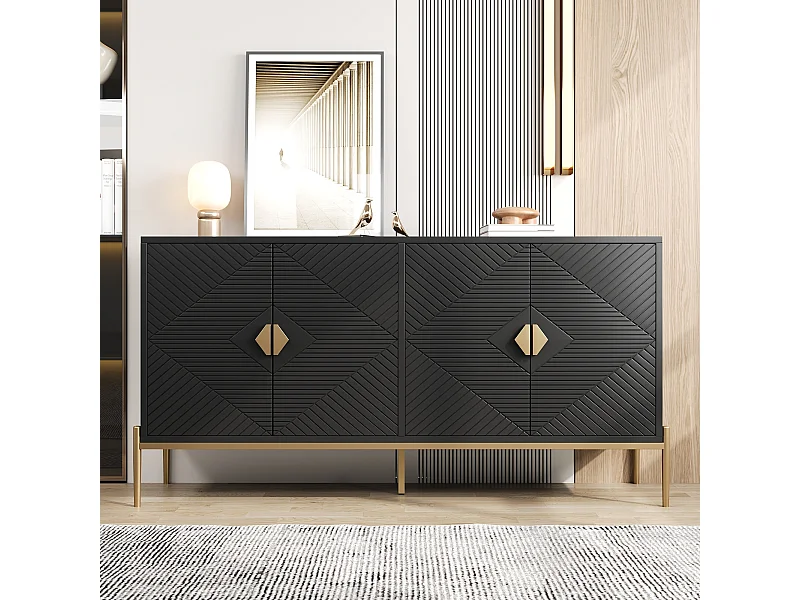 Zwart dressoir, modern dressoir met 4 getextureerde deuren, gouden handgrepen en poten - voor woonkamers en eetkamers