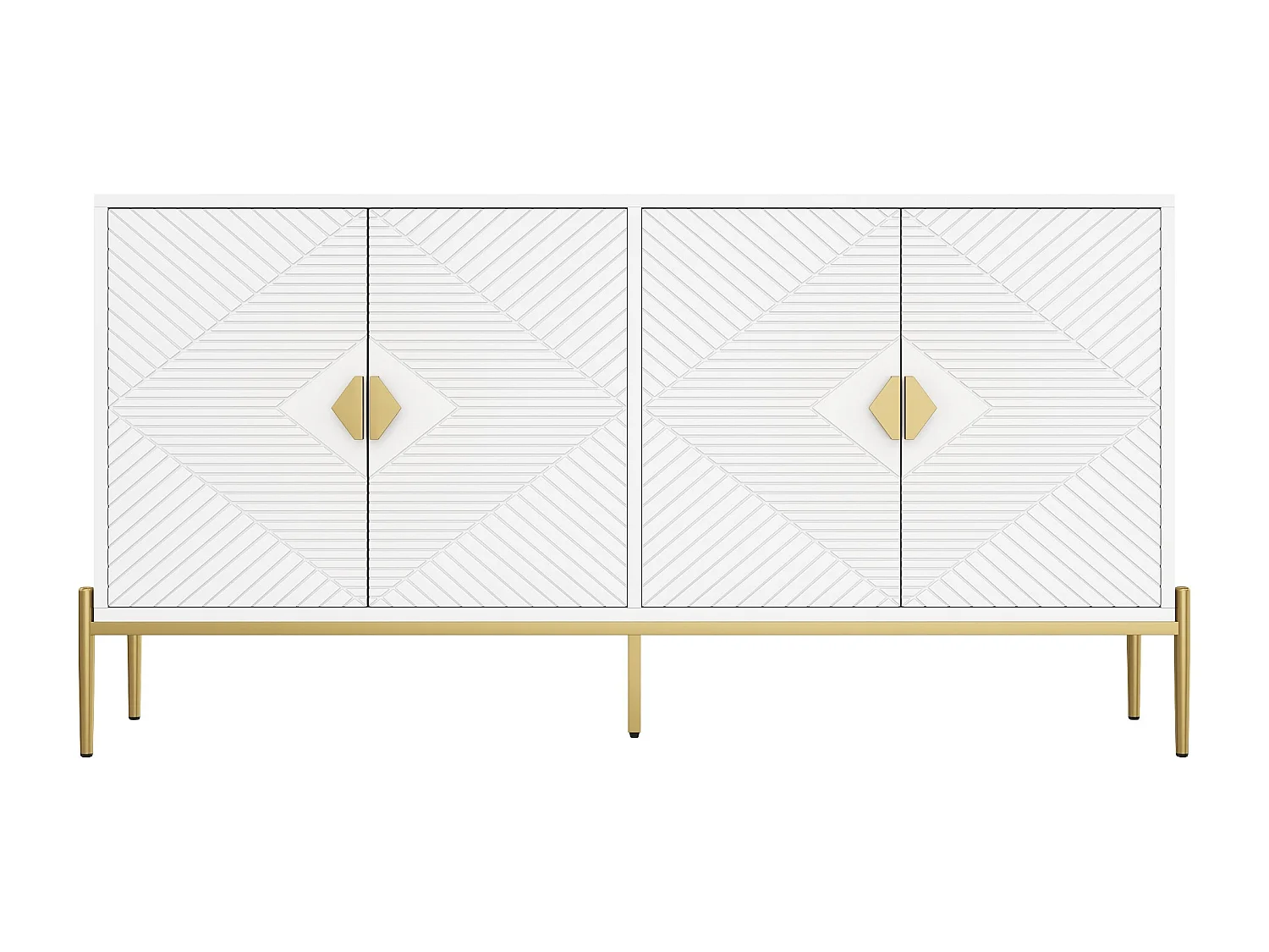 Buffet blanc, Buffet moderne avec 4 portes texturées, poignées et pieds dorés - pour salon et salles à manger