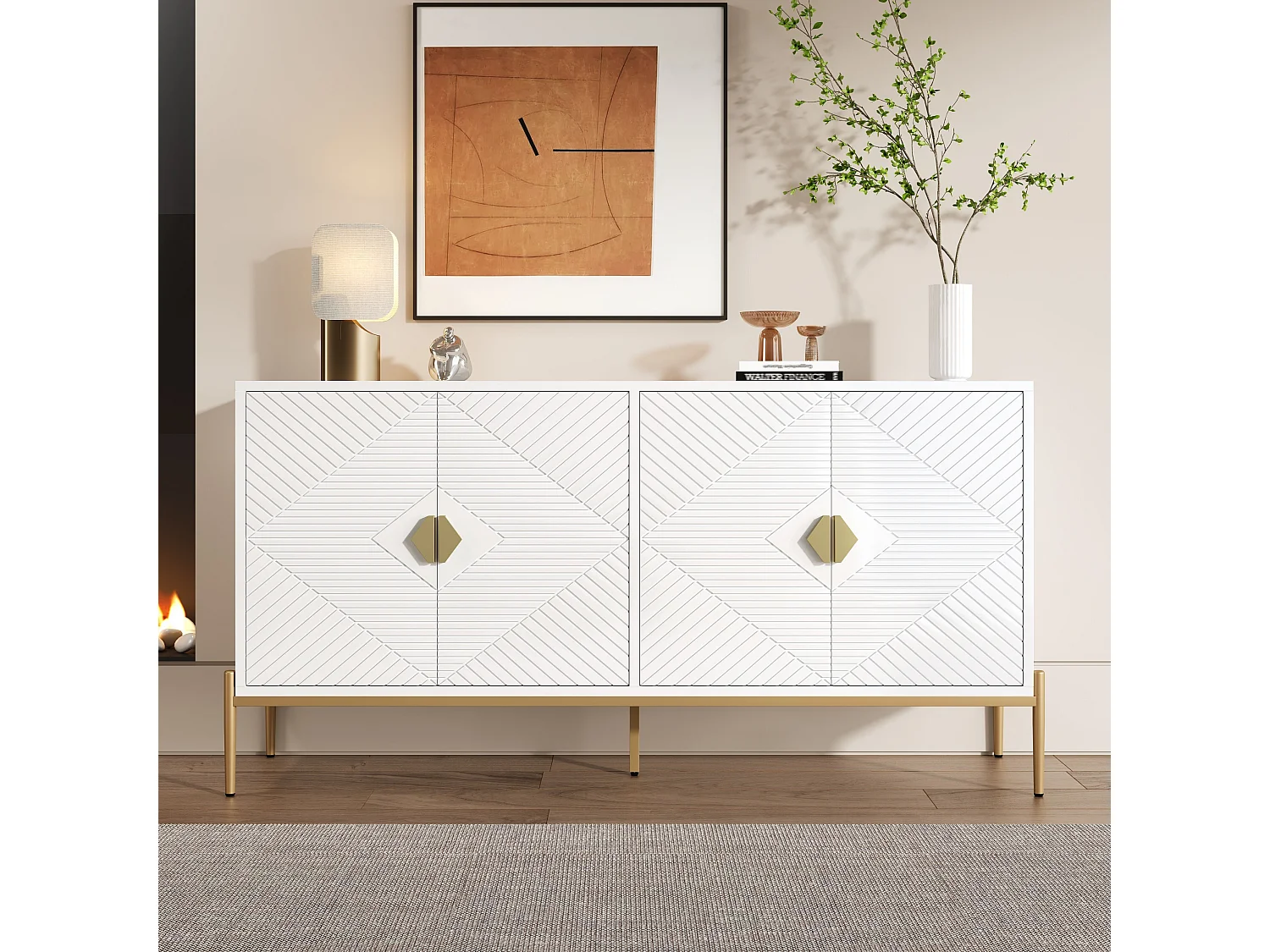 Buffet blanc, Buffet moderne avec 4 portes texturées, poignées et pieds dorés - pour salon et salles à manger