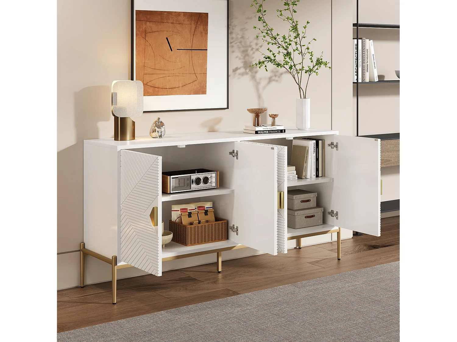 Buffet blanc, Buffet moderne avec 4 portes texturées, poignées et pieds dorés - pour salon et salles à manger