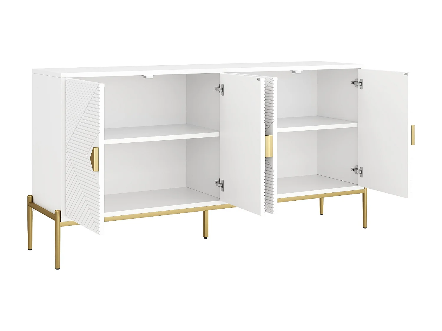 Buffet blanc, Buffet moderne avec 4 portes texturées, poignées et pieds dorés - pour salon et salles à manger