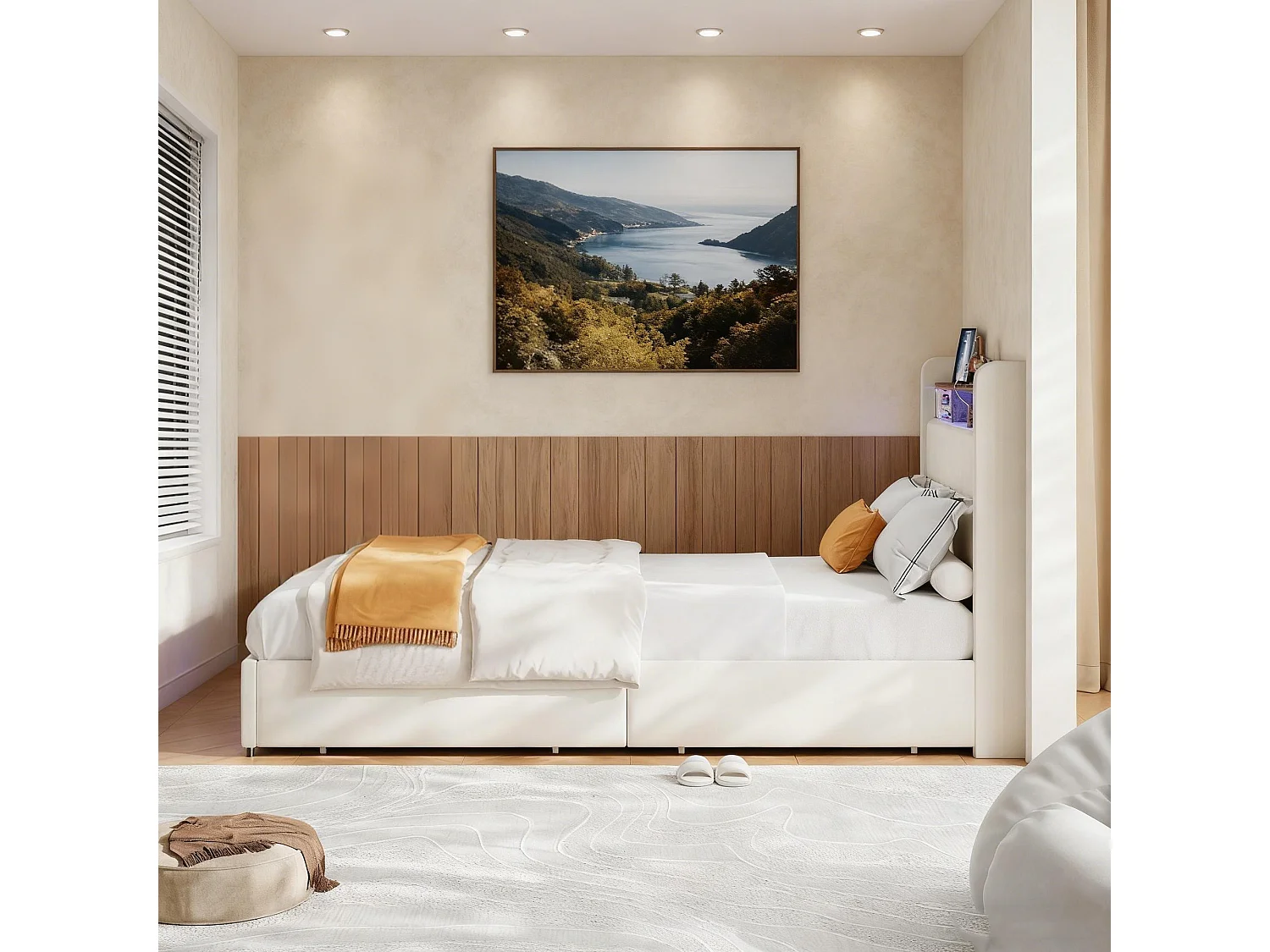 Lit simple 90x200 avec tiroirs rembourré - lit 90x200 cm avec sommier à lattes - capitonné en tissu lin - LED et USB - matelassage et boutons - Beige