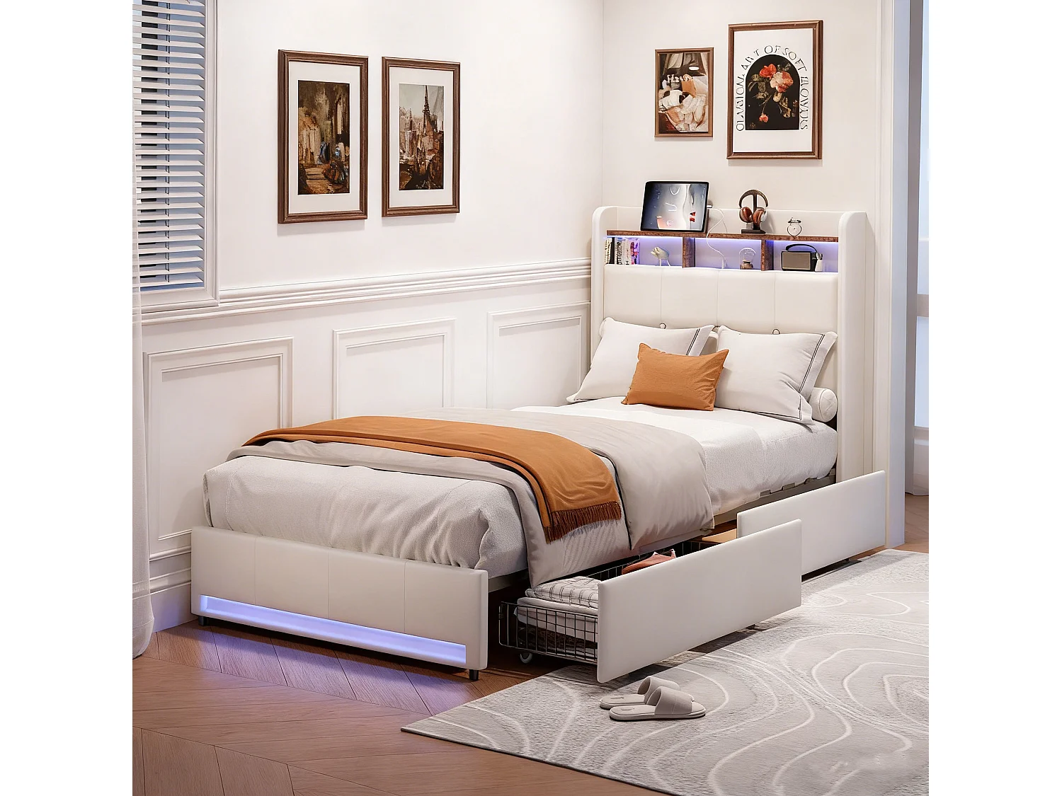 Lit simple 90x200 avec tiroirs rembourré - lit 90x200 cm avec sommier à lattes - capitonné en tissu lin - LED et USB - matelassage et boutons - Beige